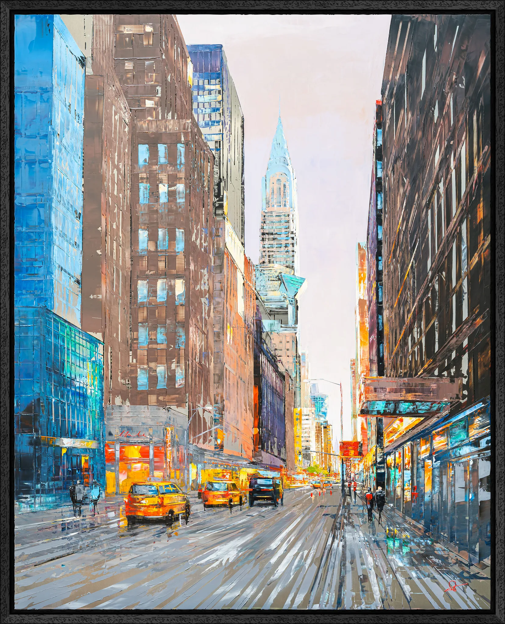 City in Silver Light, an original painting by Paul Kenton in a black floating frame: a bold, textured New York street with yellow taxis, blue glass towers and a distant spire under a pale sky.