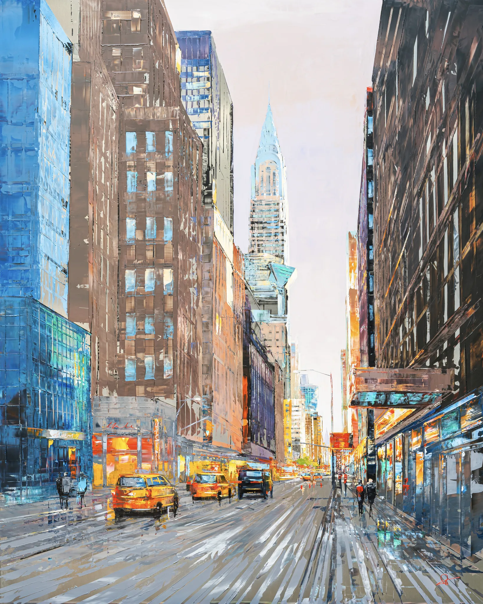 City in Silver Light, an original painting by Paul Kenton: a textured New York street of blue glass and brown towers, with yellow taxis and the Chrysler Building rising in pale silver light.