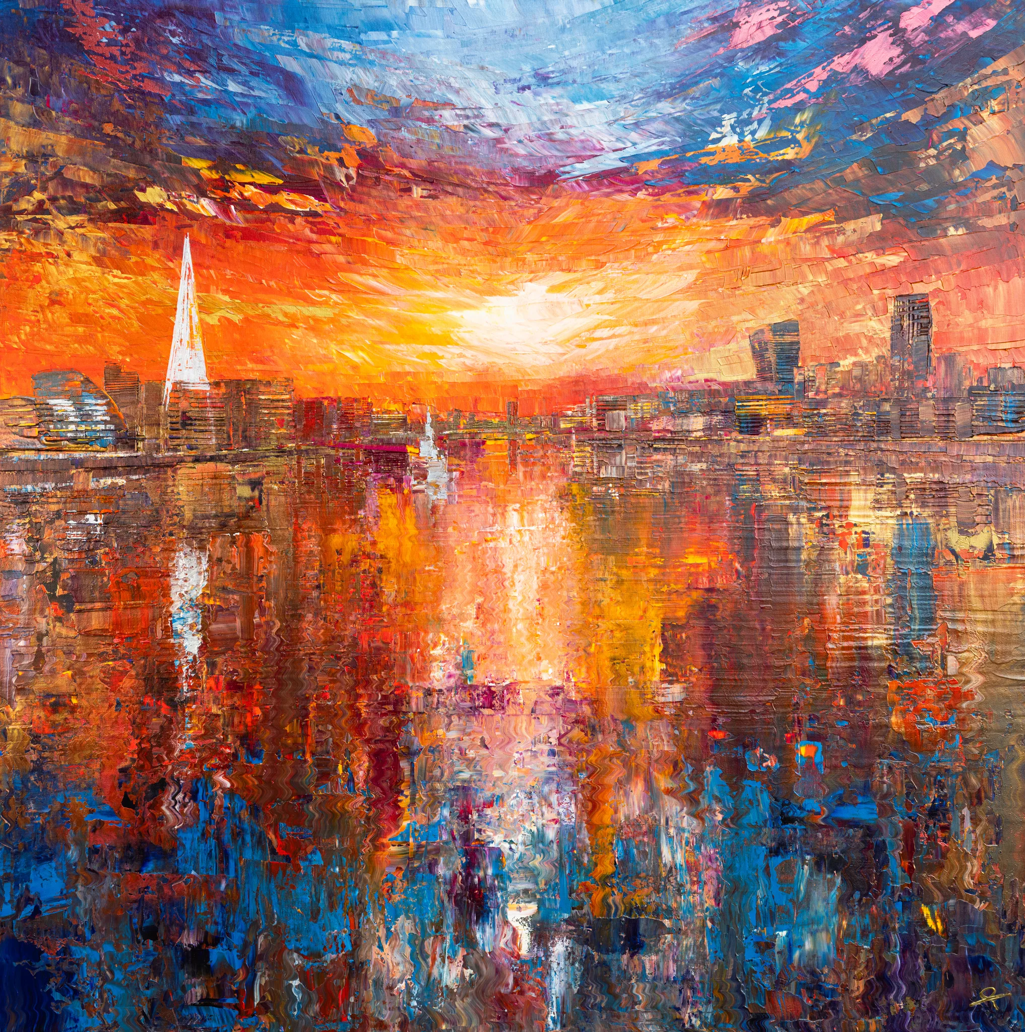 Currents of Light, an original painting by Paul Kenton: a bold, textured London skyline at sunset, with a blazing orange sun behind a spiked tower and blue clouds, its glowing colours rippling down into the river.