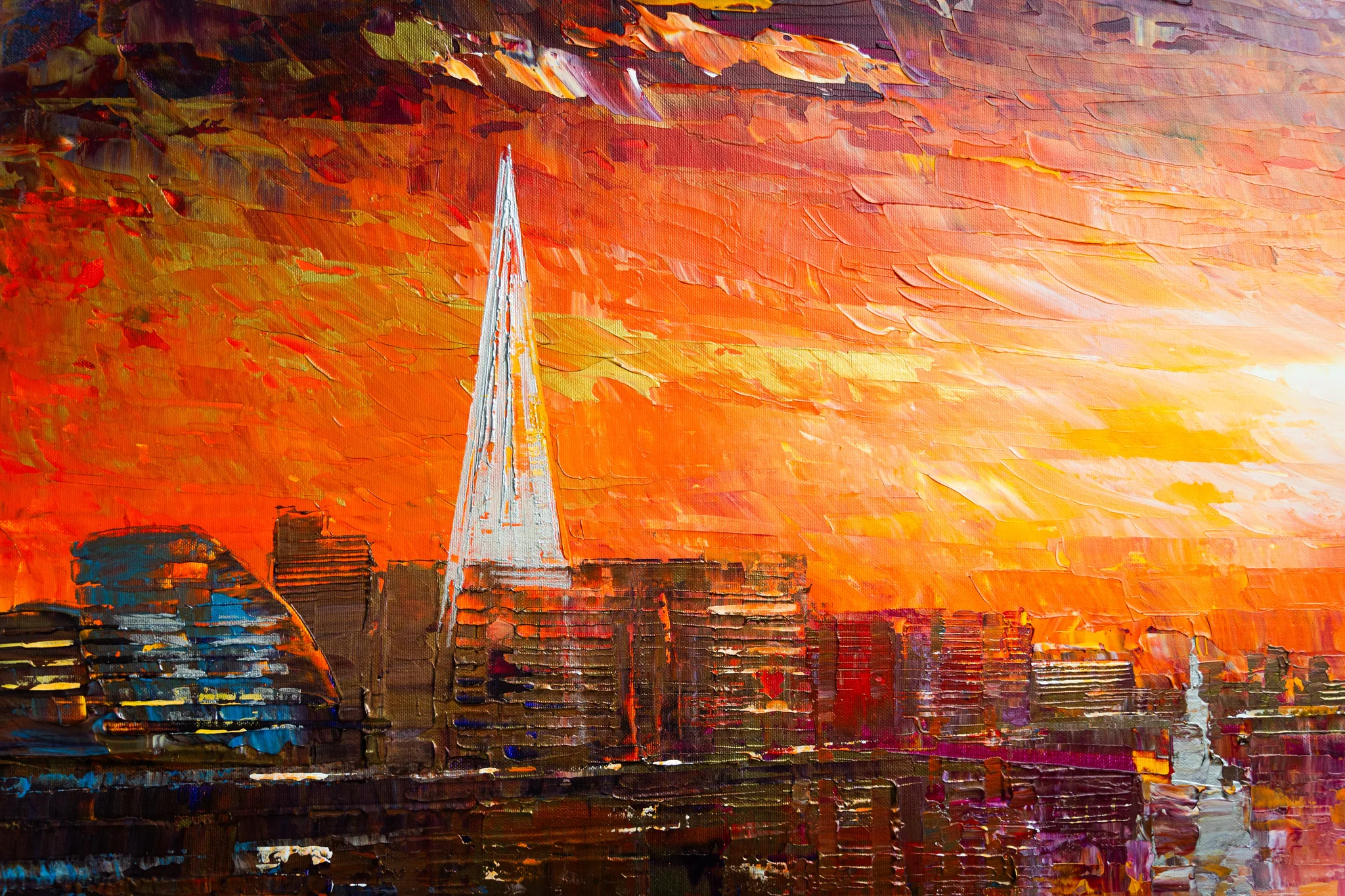 Close-up of Currents of Light, an original painting by Paul Kenton: thick palette-knife strokes of orange and gold form a blazing sunset sky above a London skyline, with a pale spire rising at centre.