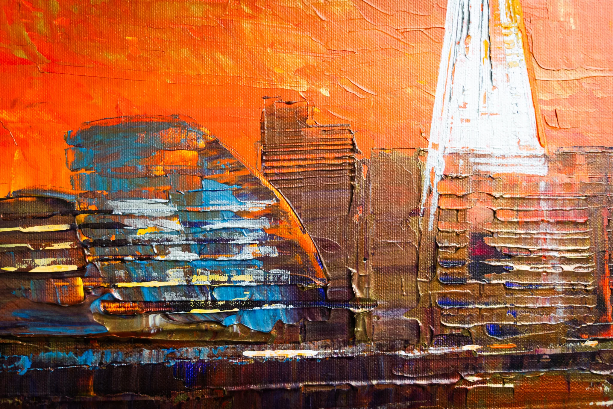Close-up of Currents of Light, an original painting by Paul Kenton: thick palette-knife strokes of blue, white and brown over a blazing orange sky, with a pale tower rising on the right.