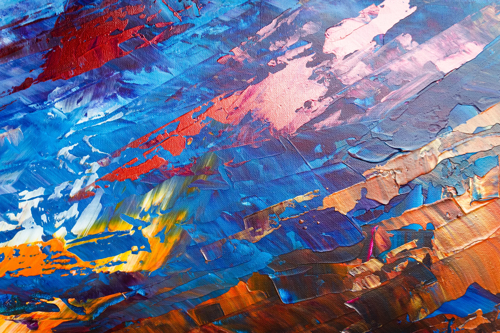 Close-up of Currents of Light, an original painting by Paul Kenton, showing thick palette-knife strokes of blue, red, pink and orange with flecks of gold and white.