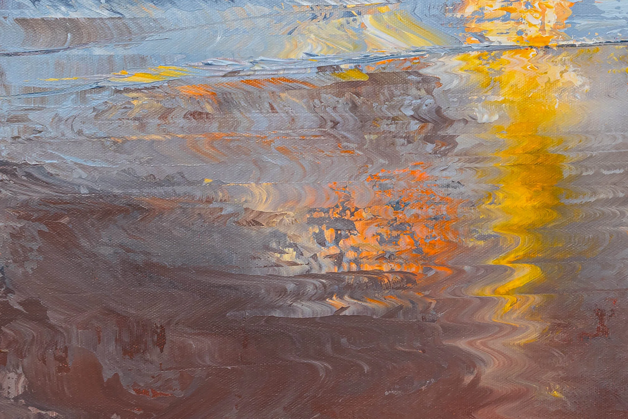Close-up of Distant Glow, an original oil painting by Paul Kenton, showing thick, swirling brushwork in grey, brown and rust, with bright orange and yellow reflections of light rippling across the surface.