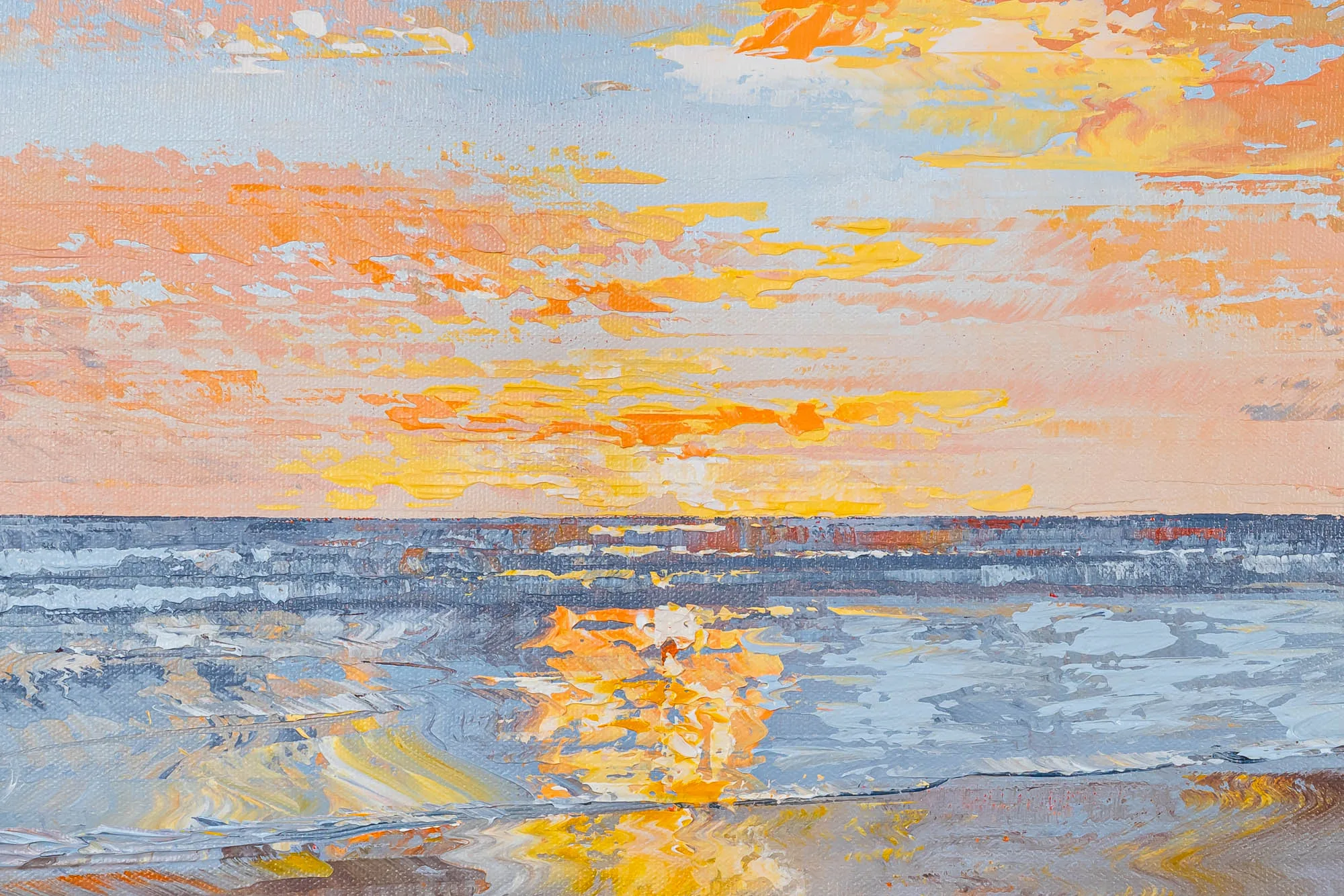 Close-up of Distant Glow, an original oil painting by Paul Kenton: thick, textured brushstrokes of orange and gold sunset over a pale blue sea, with the sun's reflection rippling on the water.