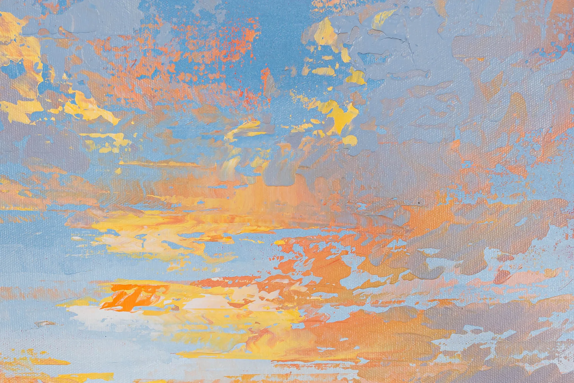 Close-up of Distant Glow, an original oil painting by Paul Kenton, showing thick, textured brushstrokes of blue, peach and yellow suggesting a sky at sunset.