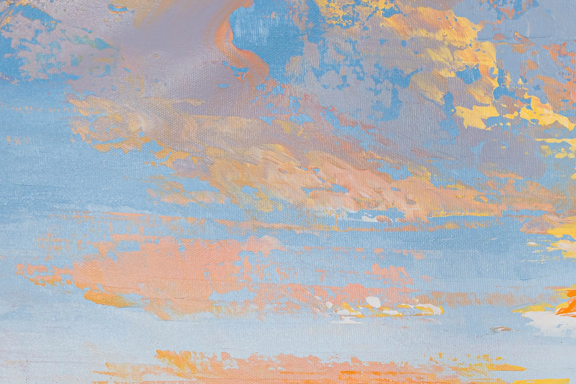 Close-up of Distant Glow, an original oil painting by Paul Kenton, showing thick textured brushstrokes of blue, peach and yellow forming a glowing sunset sky with visible canvas weave.