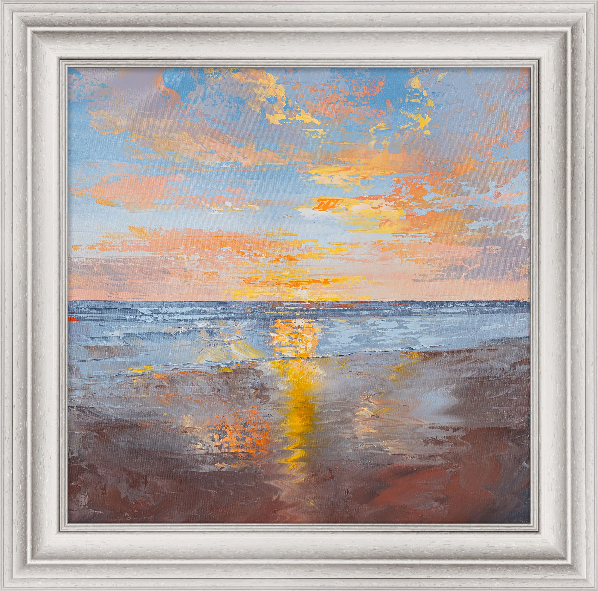 Distant Glow, an original oil painting by Paul Kenton in a wide white frame: a textured sunset over a calm sea, with orange and pink clouds, blue sky and a golden reflection on wet sand.