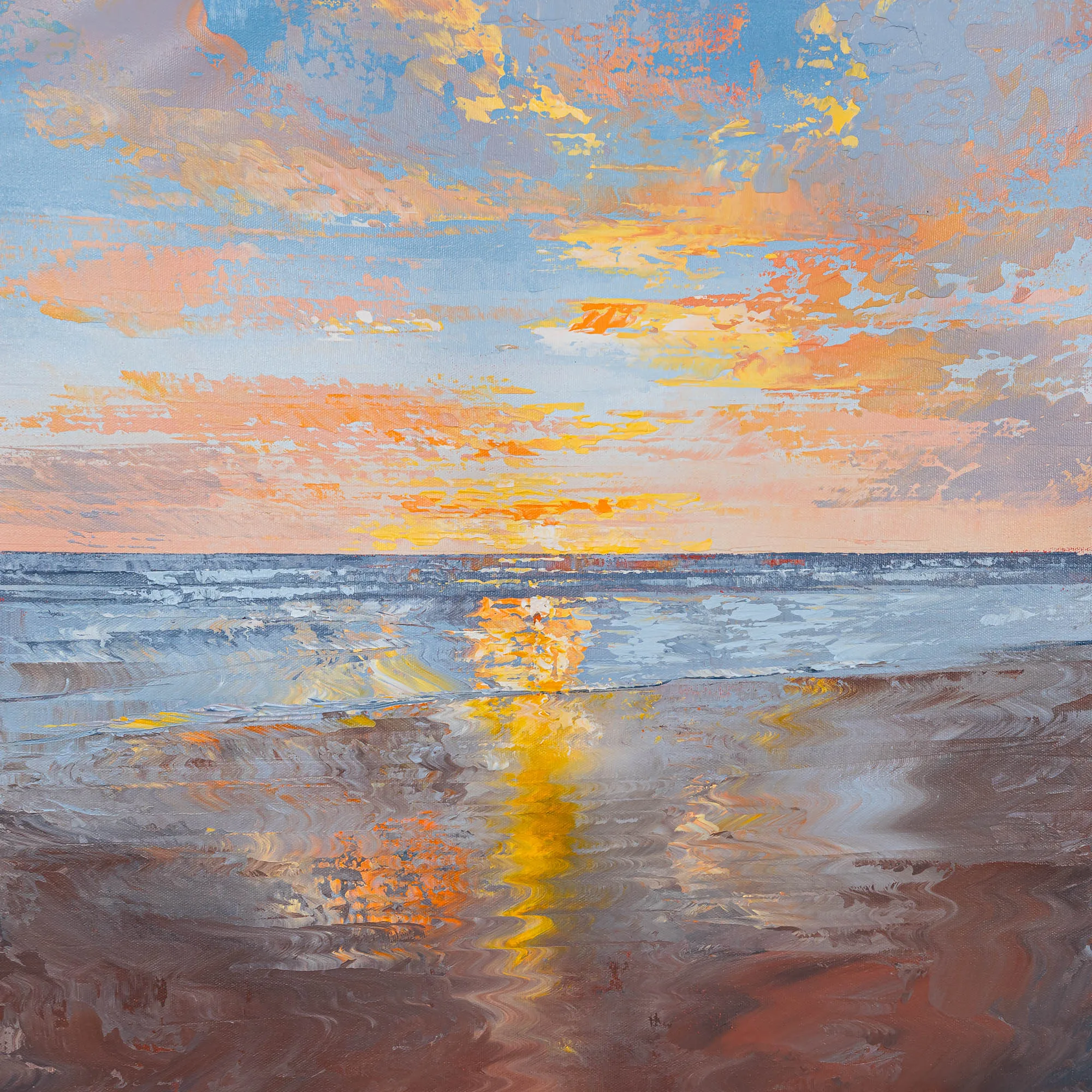 Distant Glow, an original oil on canvas painting by Paul Kenton: a sunset over the sea, with orange and gold clouds, a golden reflection on wet sand and thick, textured brushstrokes.