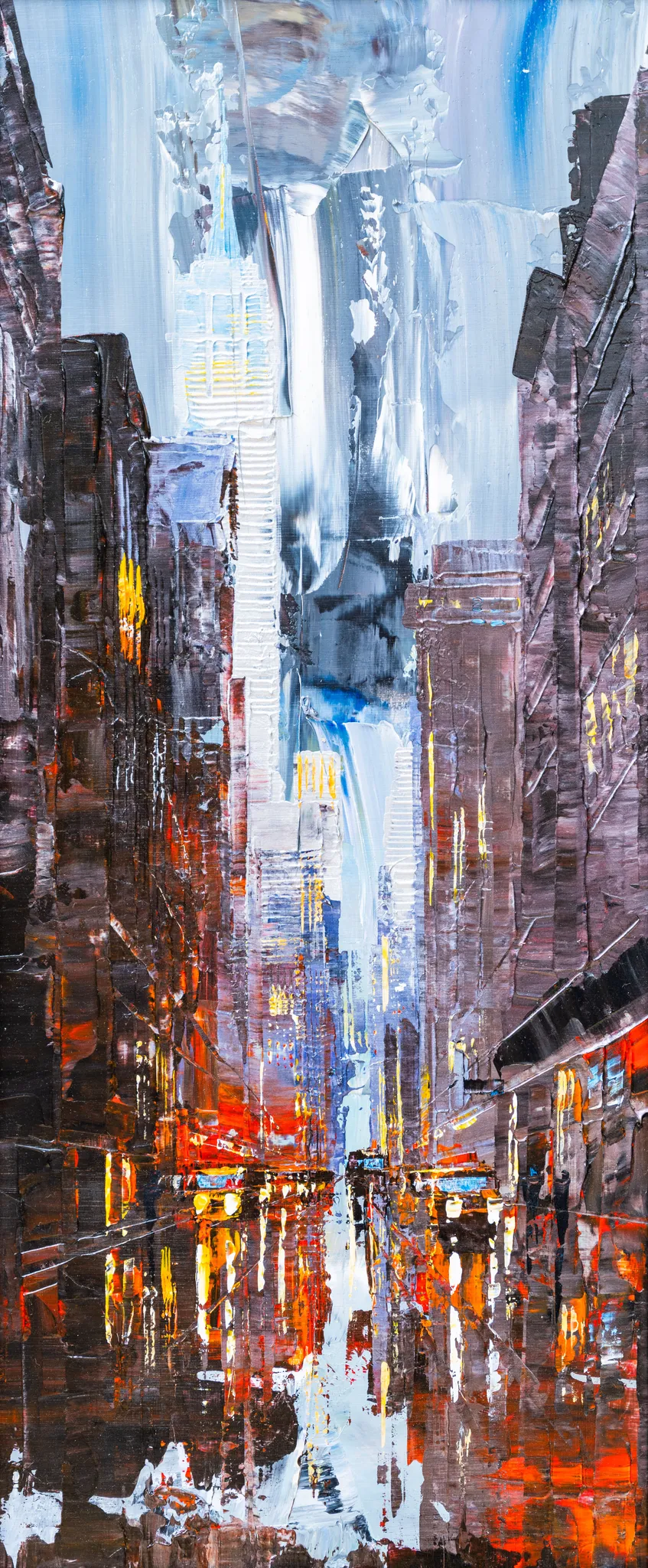 Dark Midtown, an original painting by Paul Kenton: a tall, narrow view down a New York street at dusk, with thickly textured dark buildings, a pale lit skyscraper ahead and warm orange and yellow reflections on the road.