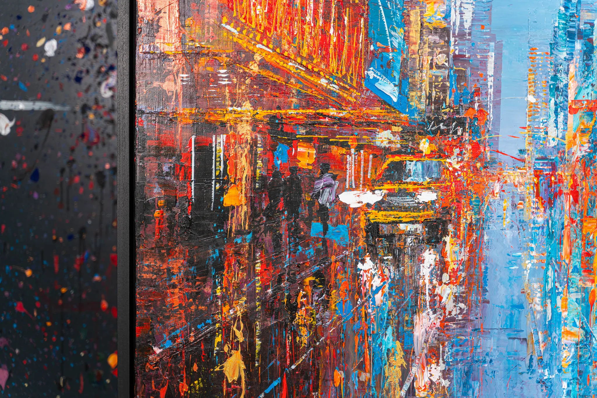 Close-up of Empire City Spectrum, an original painting by Paul Kenton: thick, textured strokes of red, orange and blue show a busy New York street at night, with glowing lights and a yellow taxi.