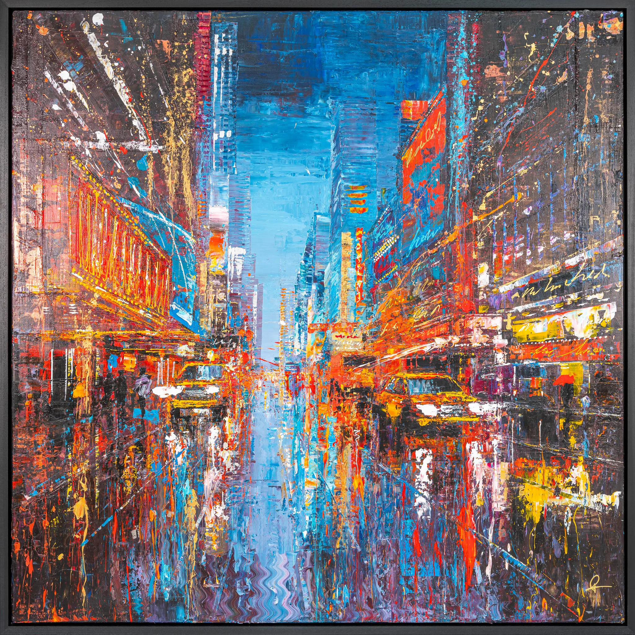 Empire City Spectrum, an original painting by Paul Kenton in a black floating frame: a bold, textured night view of a New York street, with glowing red and orange marquees, yellow taxis and a strip of blue sky between towers.