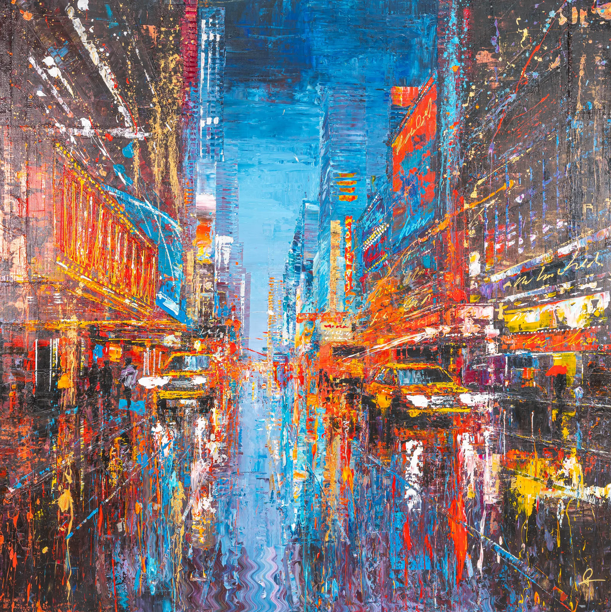 Empire City Spectrum, an original painting by Paul Kenton: a bold, textured night street in New York, with blue sky between tall towers, glowing red and orange neon signs and yellow taxis.