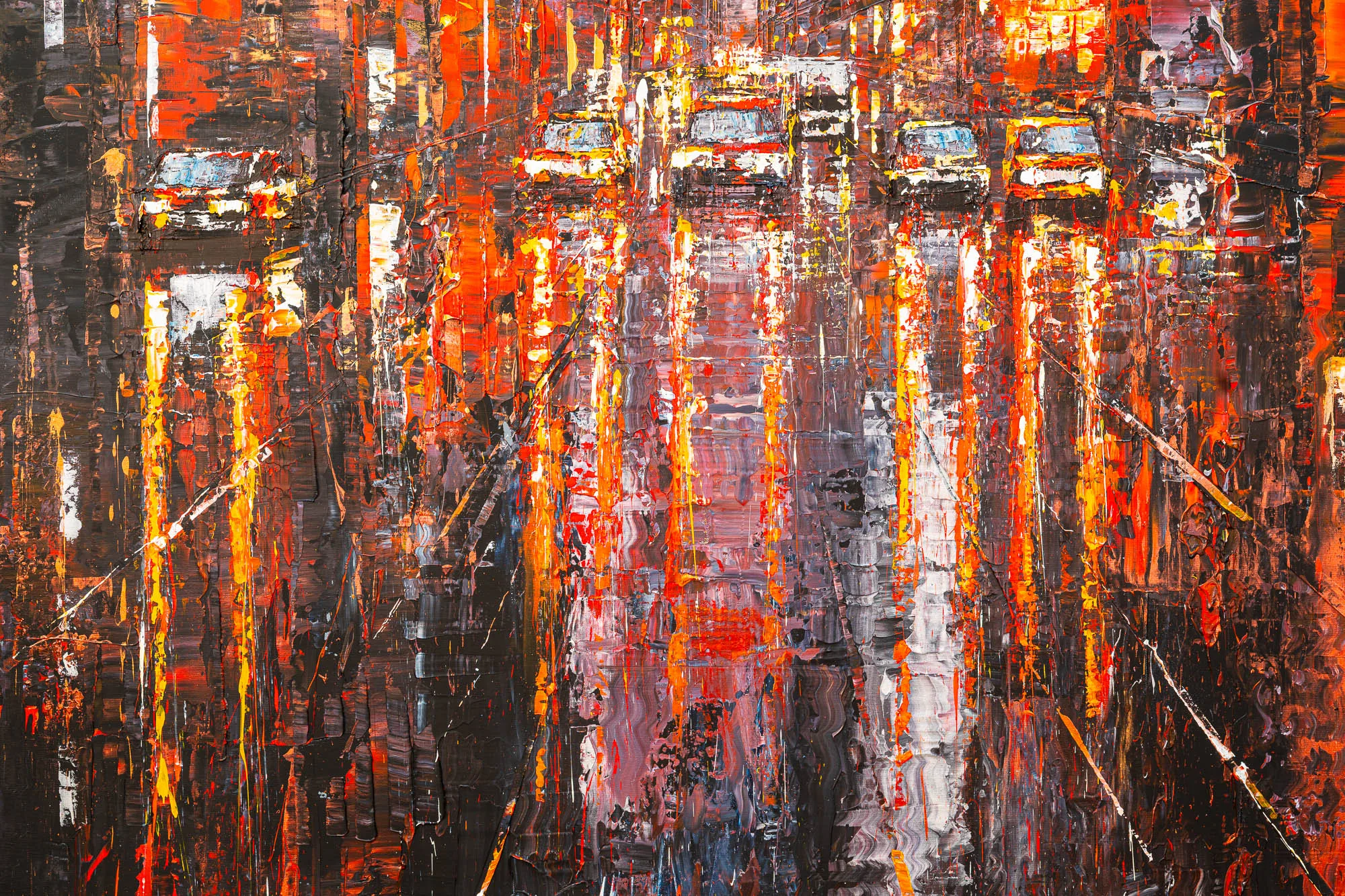 Close-up of Embers of the City, an original painting by Paul Kenton, showing thick textured strokes of red, orange and black with glowing taxi lights and streaks of gold.