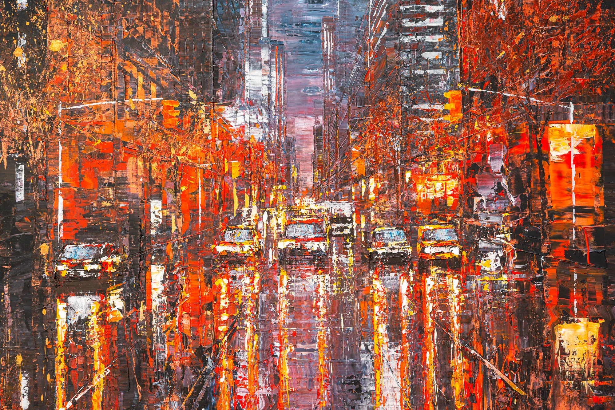 Close-up of Embers of the City, an original painting by Paul Kenton, showing thick textured brushwork of orange, red and gold over a row of blurred yellow taxis on a rainy New York street.