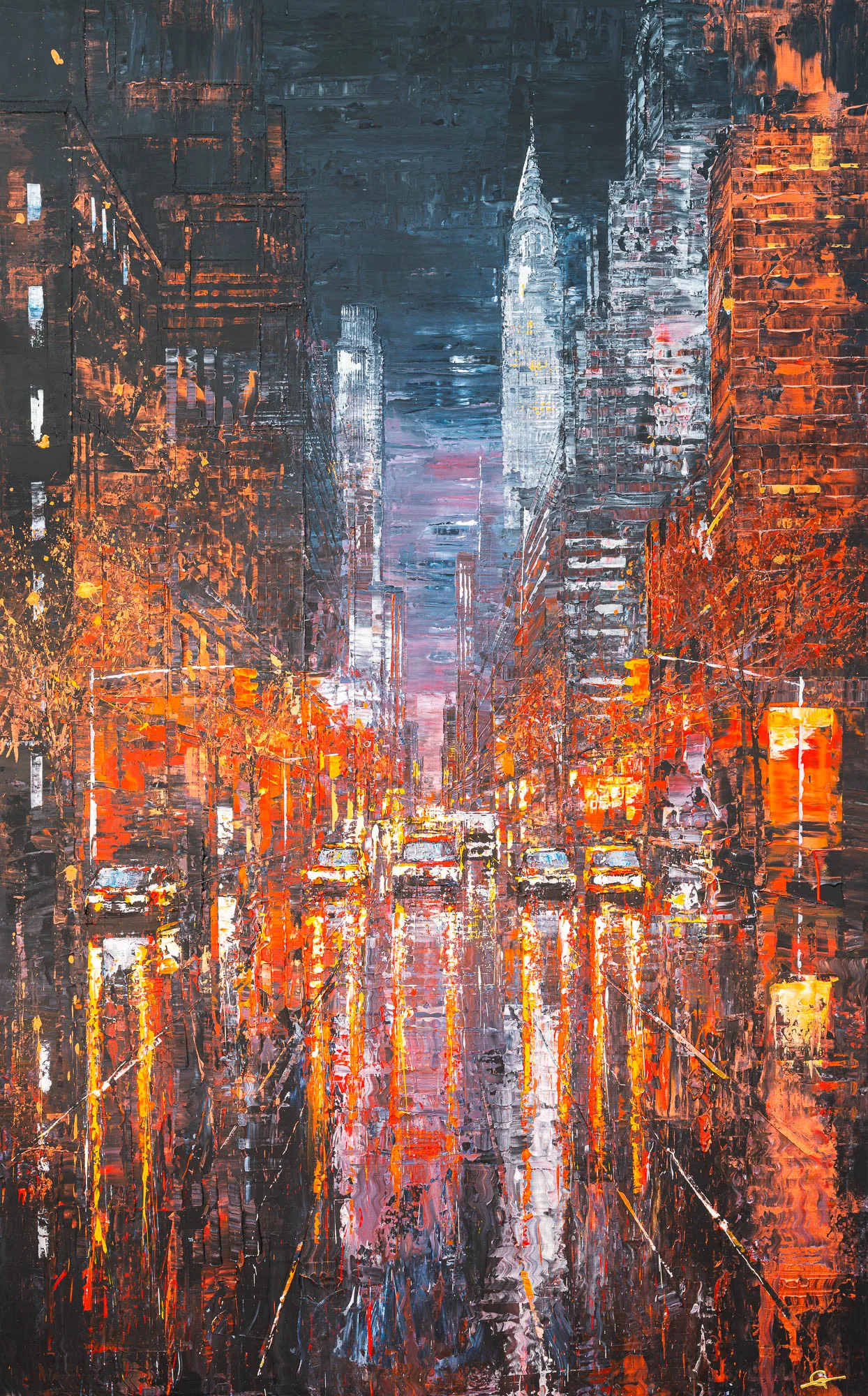Embers of the City, an original painting by Paul Kenton: a night street in New York with yellow taxis and a glowing spire, rendered in thick, textured orange, red and slate-blue paint.