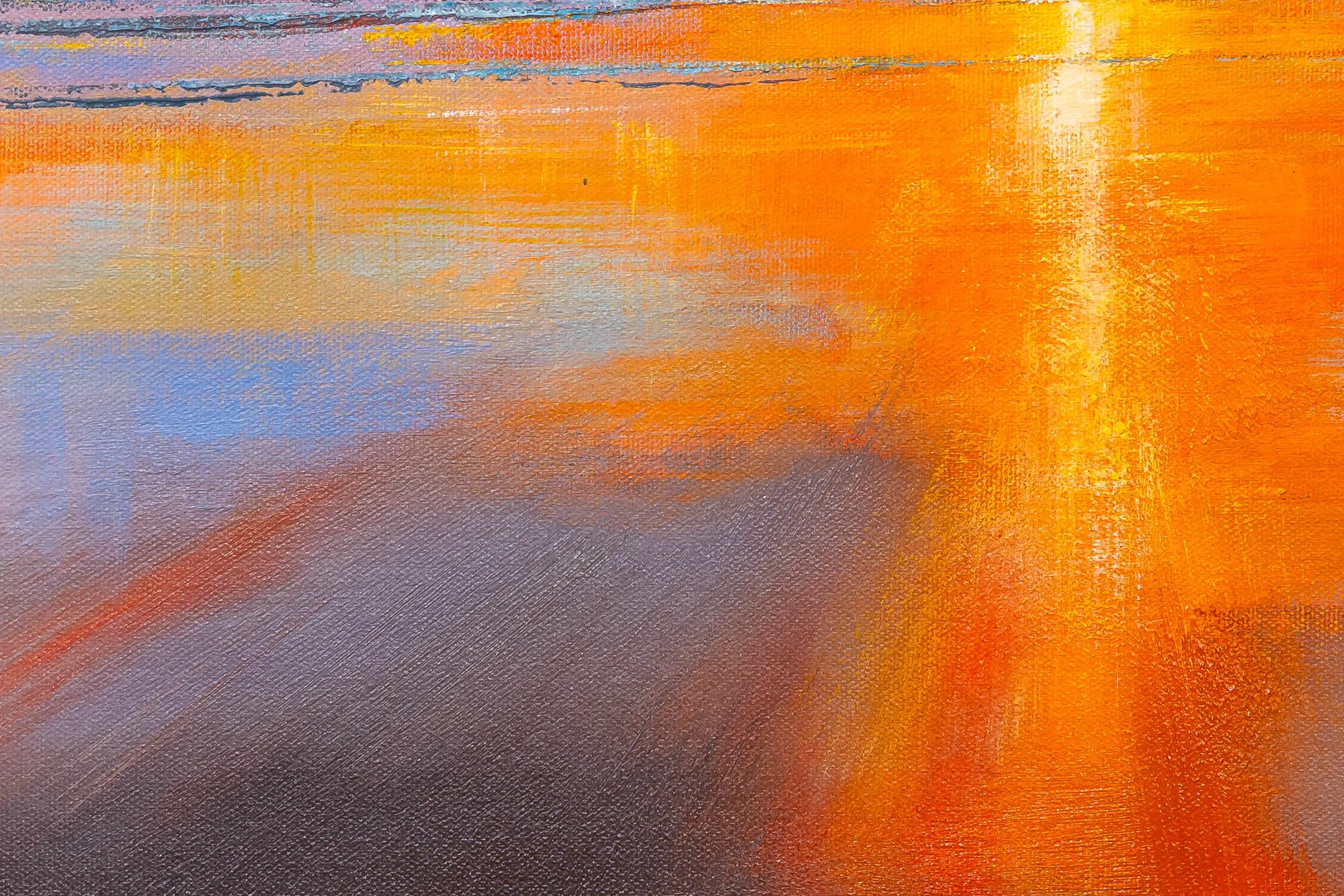 Close-up of Evening Tide, an original oil painting by Paul Kenton, showing thick orange and gold brushstrokes of a low sun, with cool blue-grey tones and visible canvas texture below.