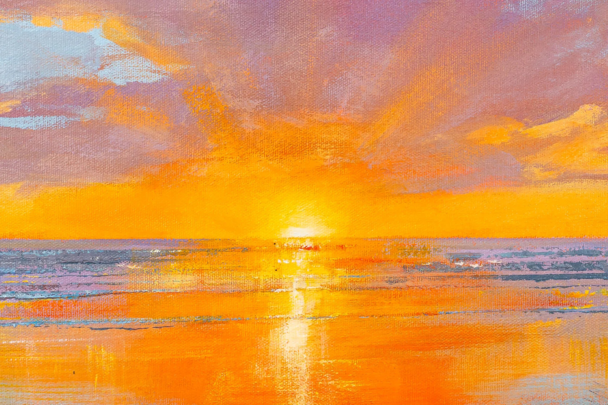 Close-up of Evening Tide, an original oil painting by Paul Kenton: thick, textured brushstrokes show a blazing orange sun setting over a calm sea, with lilac clouds and a glowing reflection on the wet sand.