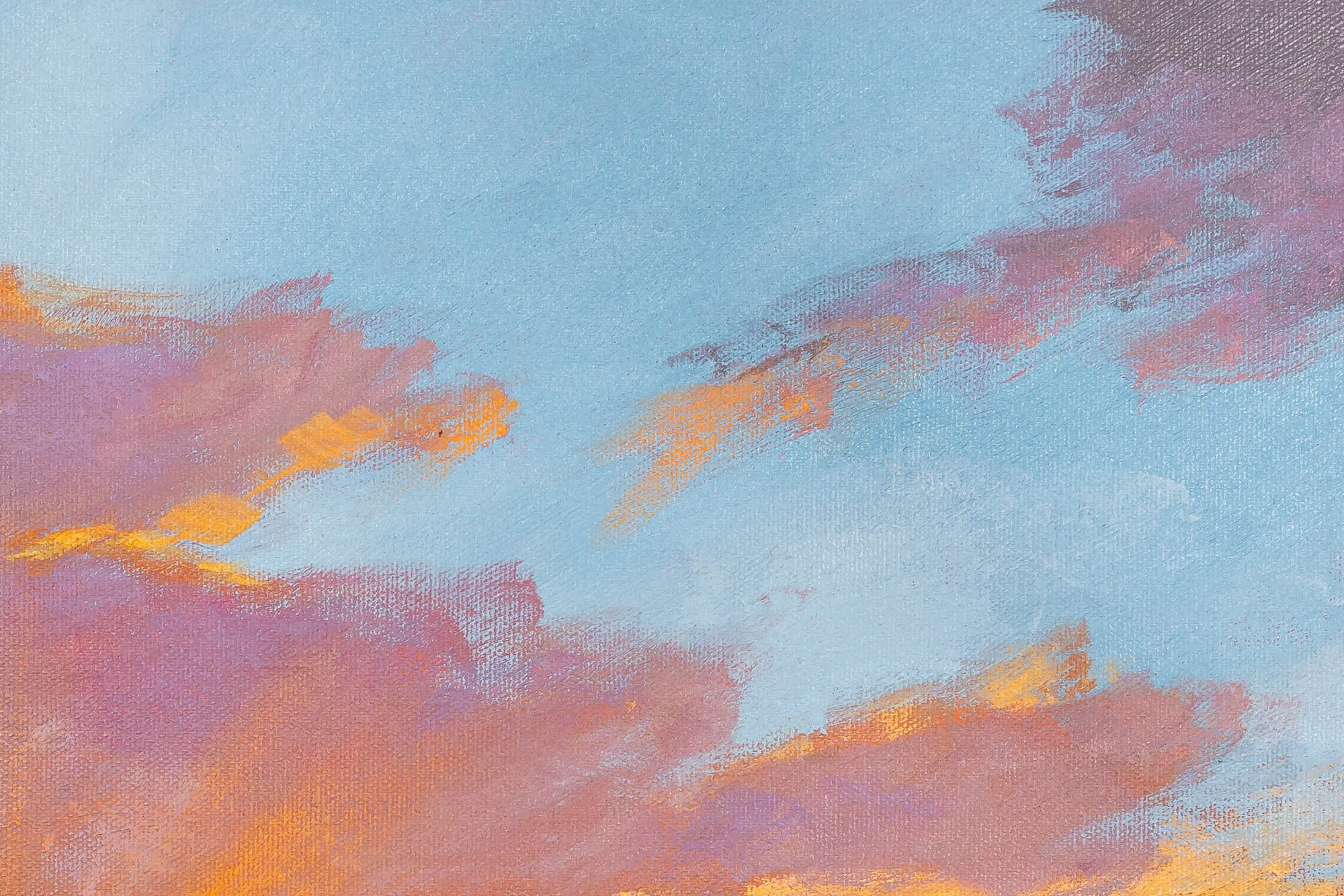 Close-up of Evening Tide, an original oil painting by Paul Kenton, showing textured brushstrokes of pale blue sky streaked with rose pink and orange clouds.