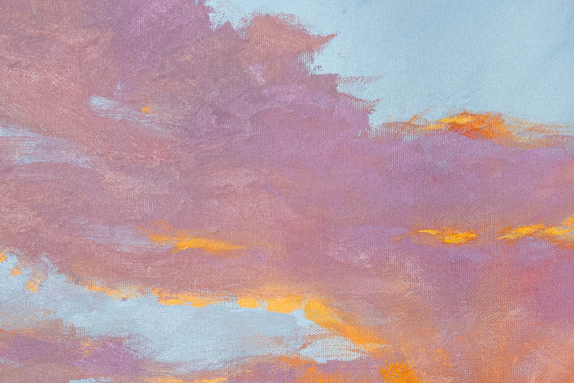 Close-up of Evening Tide, an original oil painting by Paul Kenton: rose and lilac clouds of loose brushwork edged with glowing orange and pale blue sky.