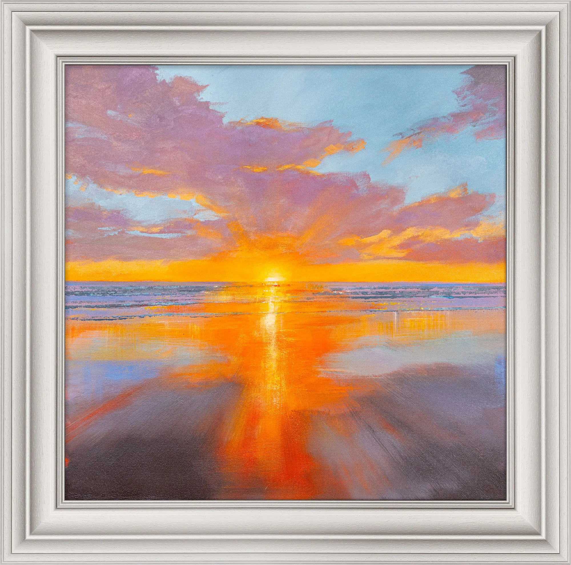 Evening Tide, an original oil painting by Paul Kenton in a white ornate frame: a bold sunset glows orange and pink over a wet beach reflecting its light.