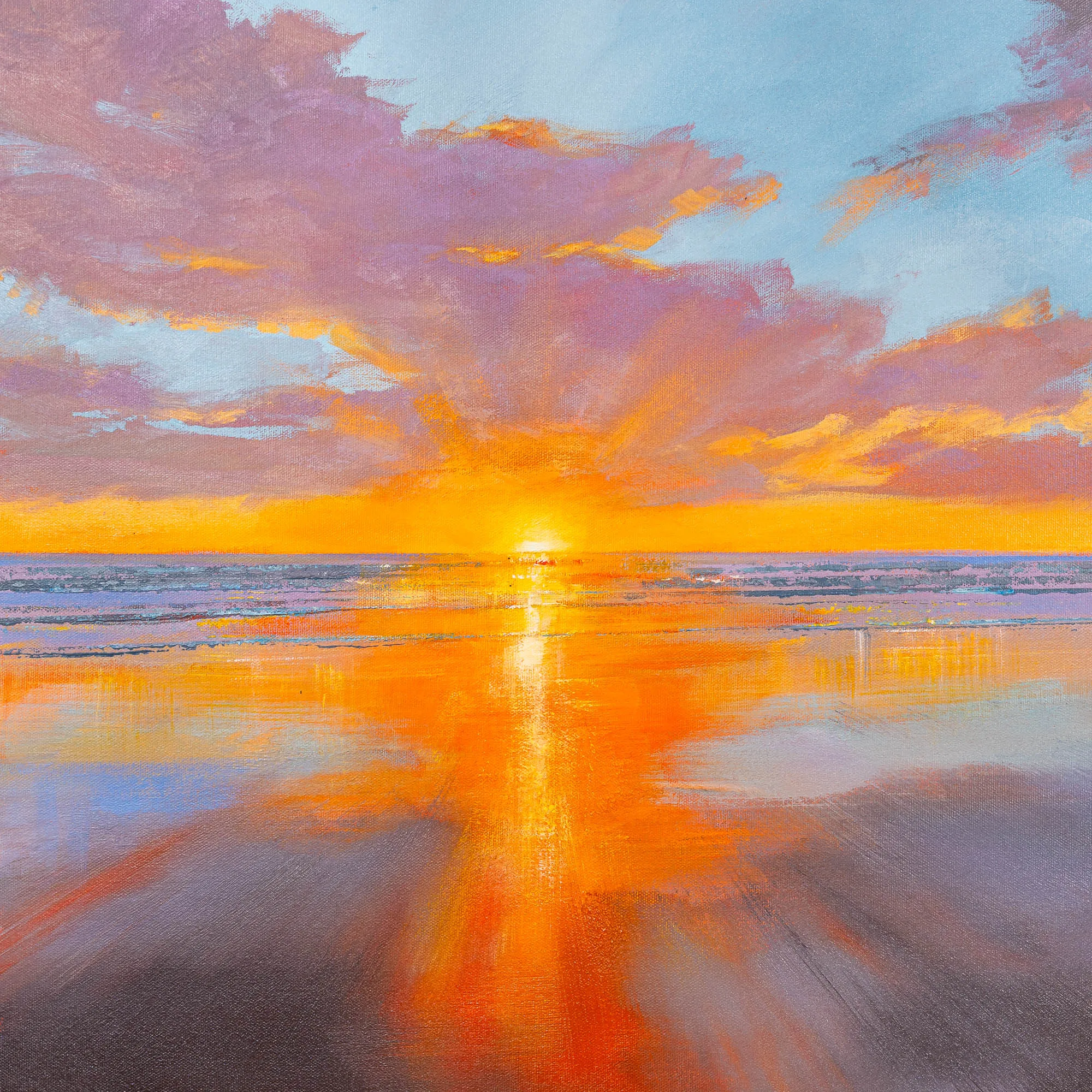 Evening Tide, an original painting by Paul Kenton: a low sun glows through pink and lilac clouds above a wet beach, its orange reflection stretching down to the foreground in bold, textured strokes.