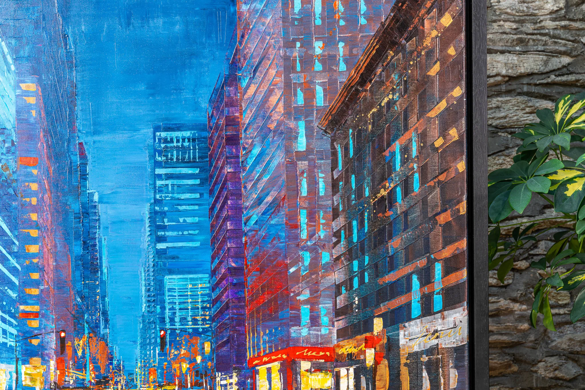 Close-up of Feeling Groovy, an original painting by Paul Kenton, showing New York street-level towers in thick blue, violet and rust-brown strokes, with warm lit windows and red shopfronts at dusk.