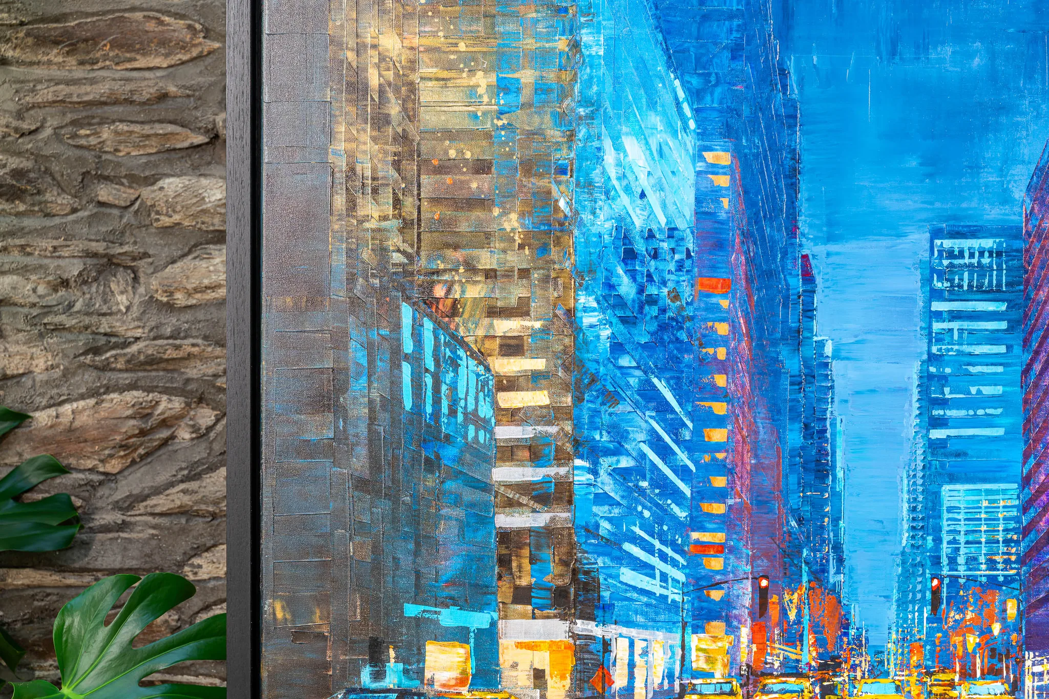 Close-up of Feeling Groovy, an original painting by Paul Kenton, showing textured blue and gold city towers and yellow taxis at dusk on a New York street.