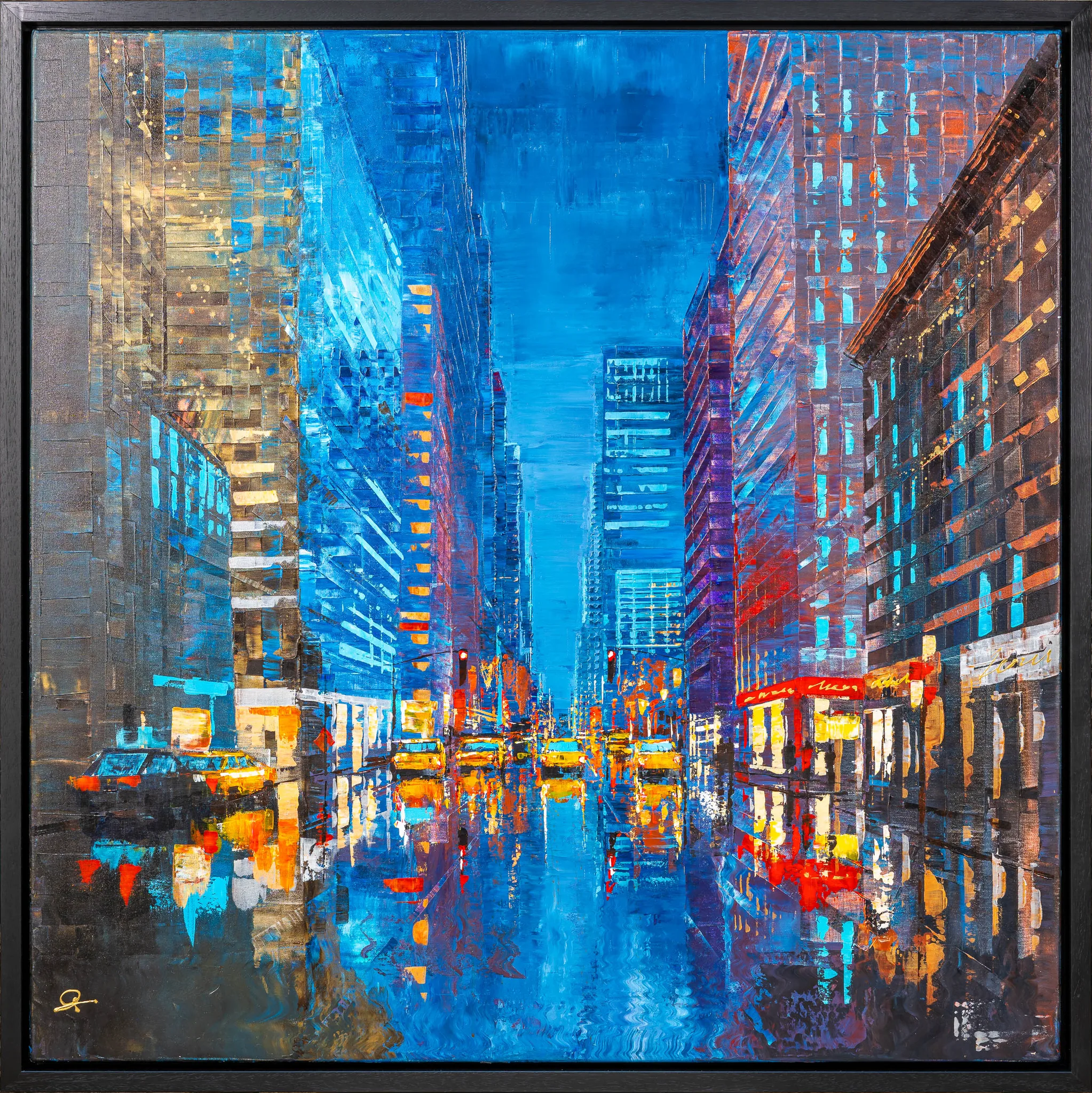Feeling Groovy, an original painting by Paul Kenton in a black floating frame: a rain-slicked New York street at dusk, yellow taxis glowing amid vivid blue and red reflections.