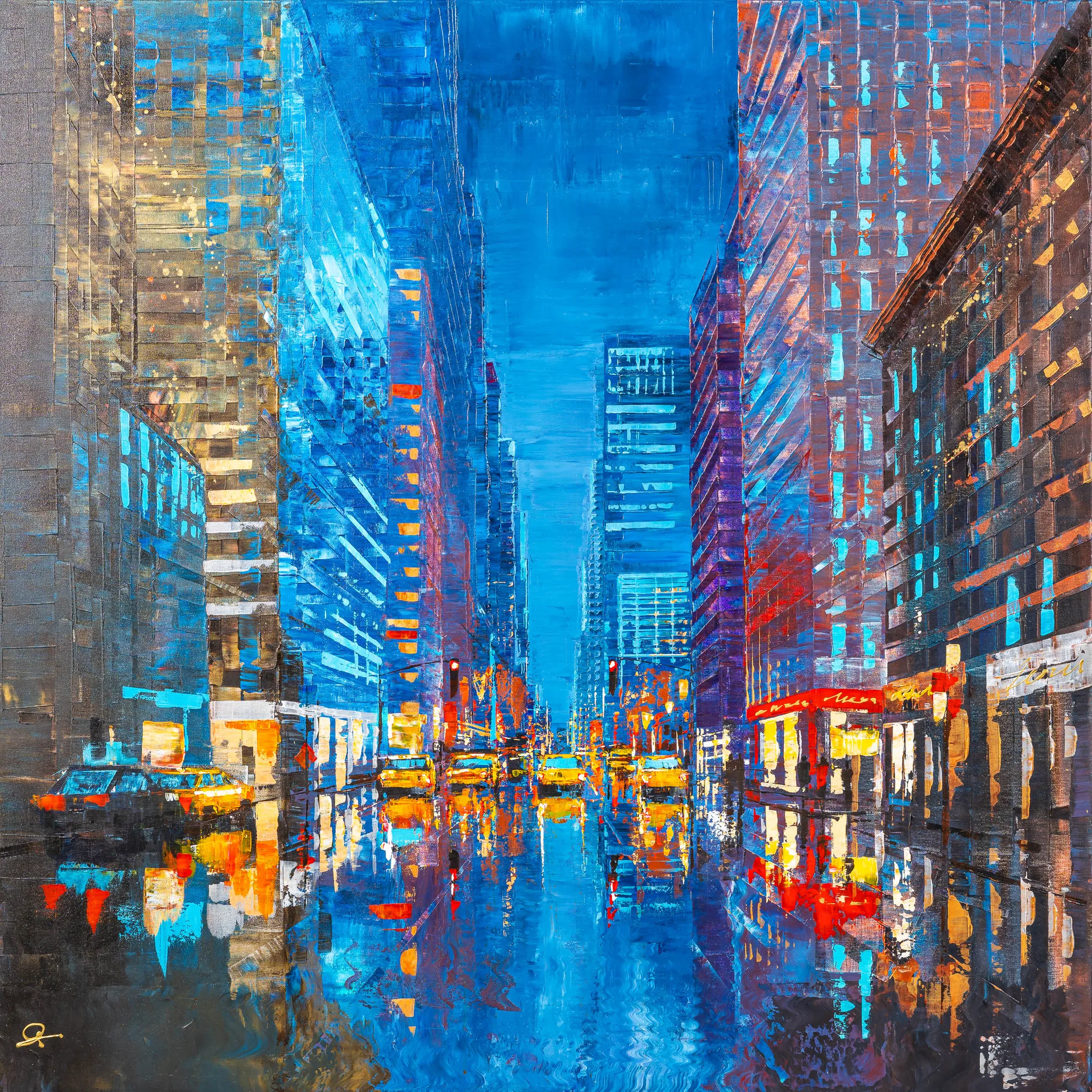 Feeling Groovy, an original painting by Paul Kenton: a rain-slicked New York street at dusk, with blue towers rising either side, yellow taxis glowing below and warm reflections shimmering across the wet road.