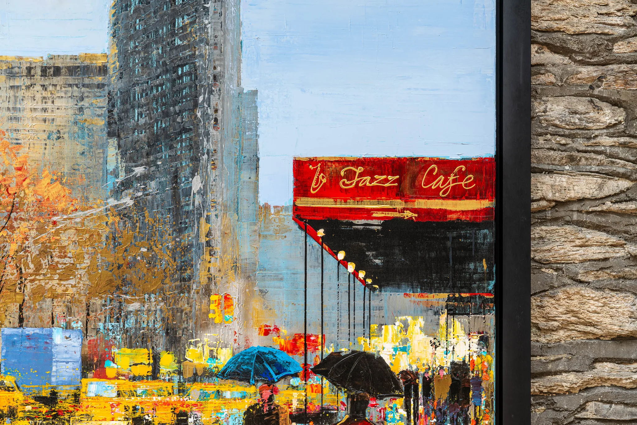 Close-up of Flat Iron Hustle, an original painting by Paul Kenton: a red Jazz Cafe awning with gold lettering over umbrellas and blurred street figures, with textured brushwork in blue, gold and red.