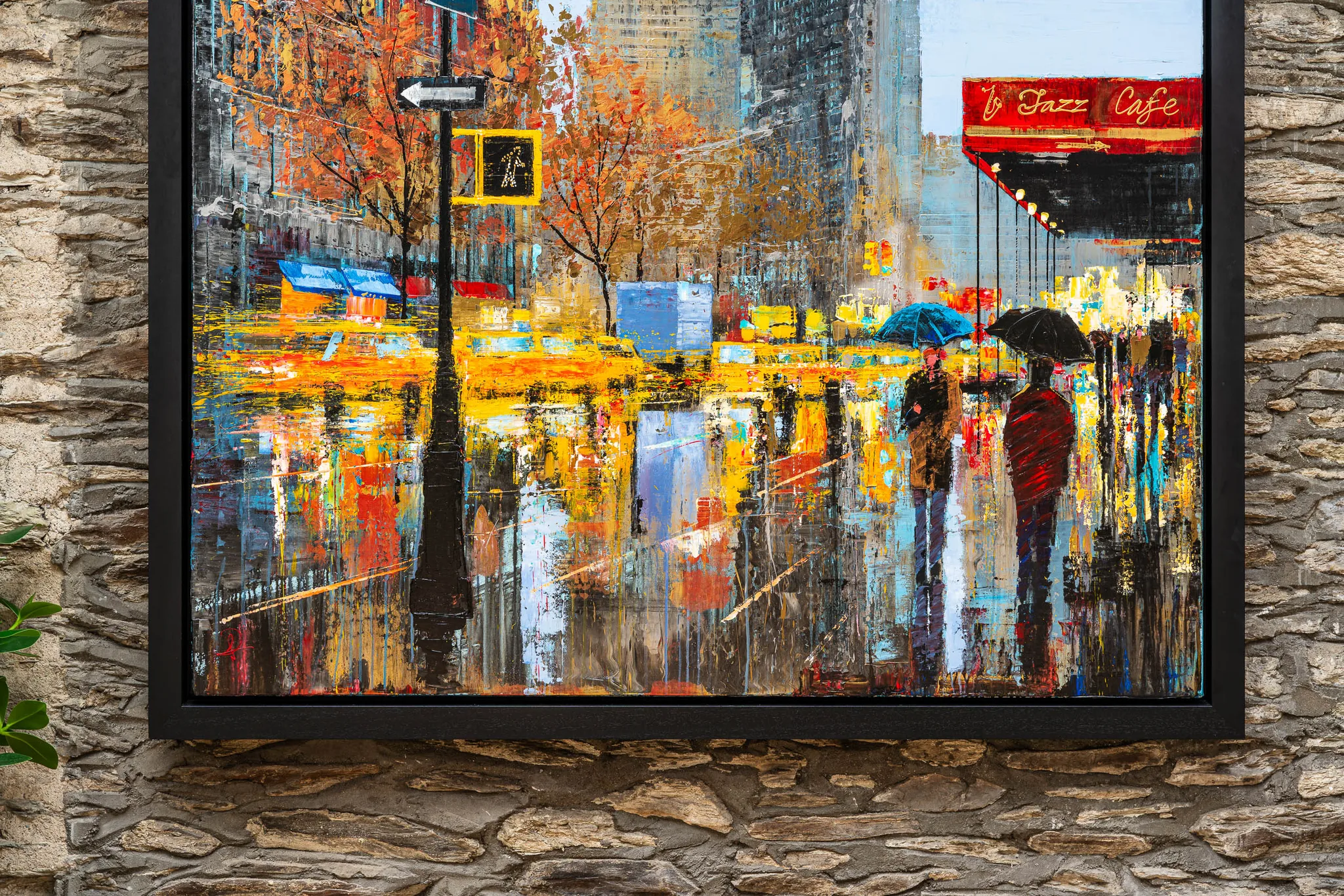 Flat Iron Hustle, an original painting by Paul Kenton: close detail of thick, textured brushwork showing rain-slicked street, umbrellas and a red Jazz Cafe awning.