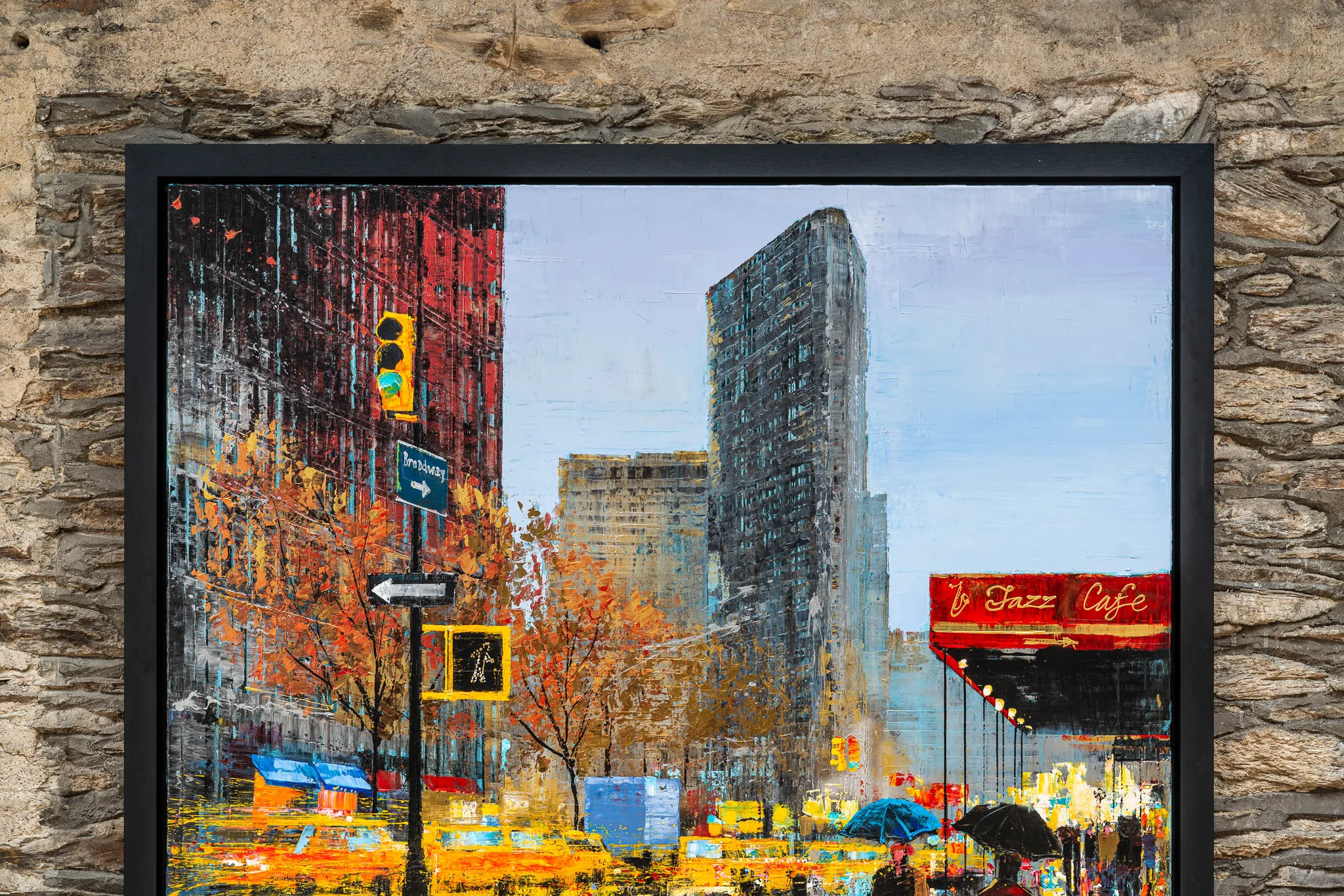 Close-up of Flat Iron Hustle, an original painting by Paul Kenton: thick textured strokes show the Flatiron Building rising above a red-brick street, autumn trees, yellow cabs and a red Jazz Cafe awning.