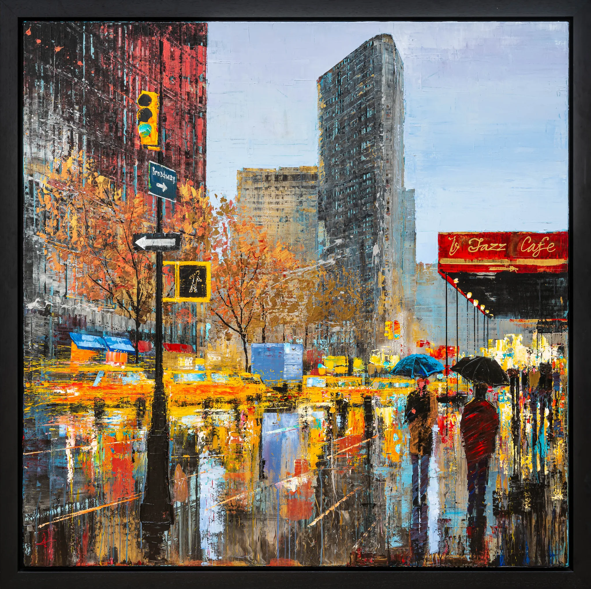 Detail of Flat Iron Hustle, an original painting by Paul Kenton: a rainy New York street with umbrella-holding pedestrians, a red Jazz Cafe awning and thick, glossy reflections on wet pavement.