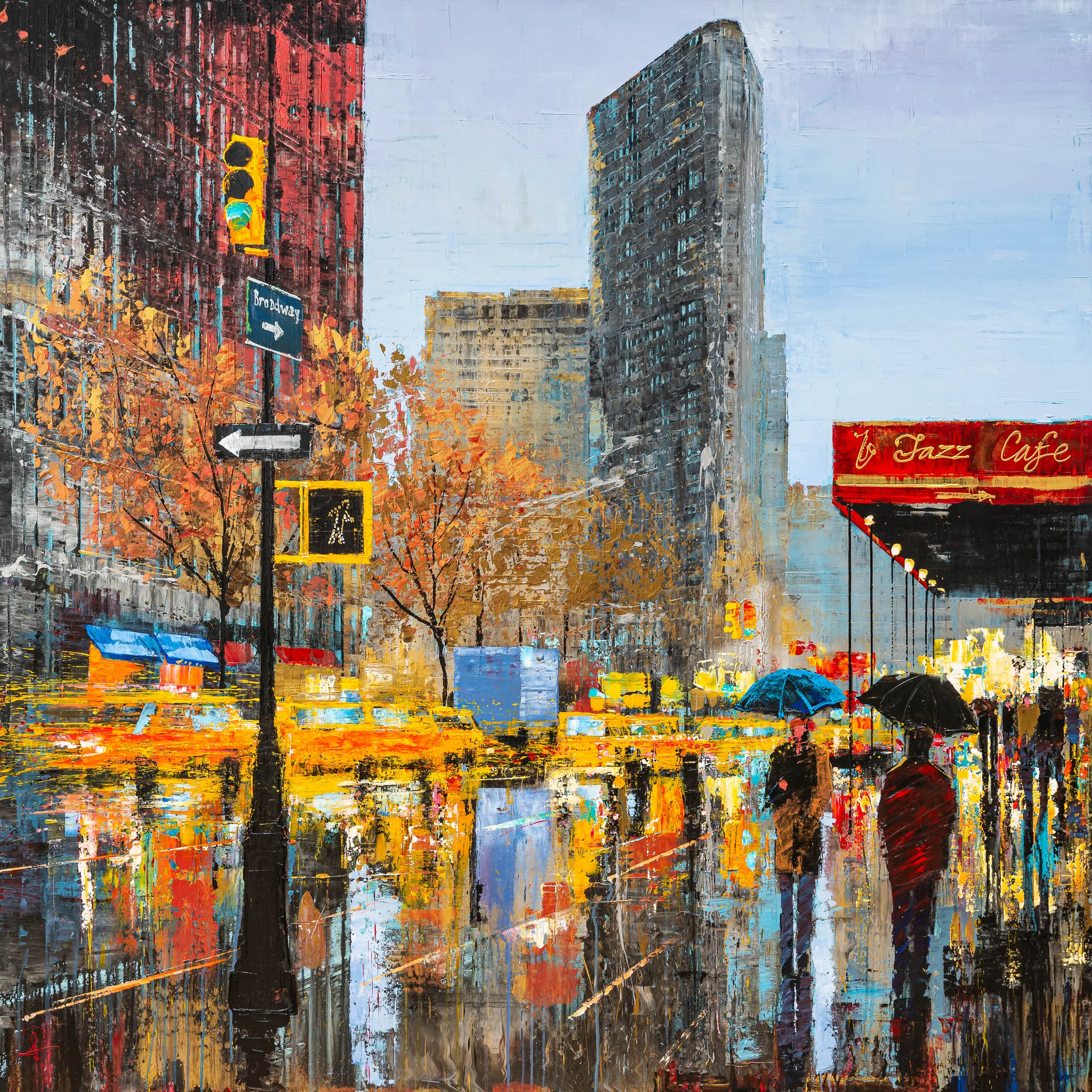 Flat Iron Hustle, an original painting by Paul Kenton: a rainy autumn New York street with umbrella-carrying pedestrians, glowing yellow taxis and reflections, a red Jazz Cafe awning, and a tall grey tower beyond.