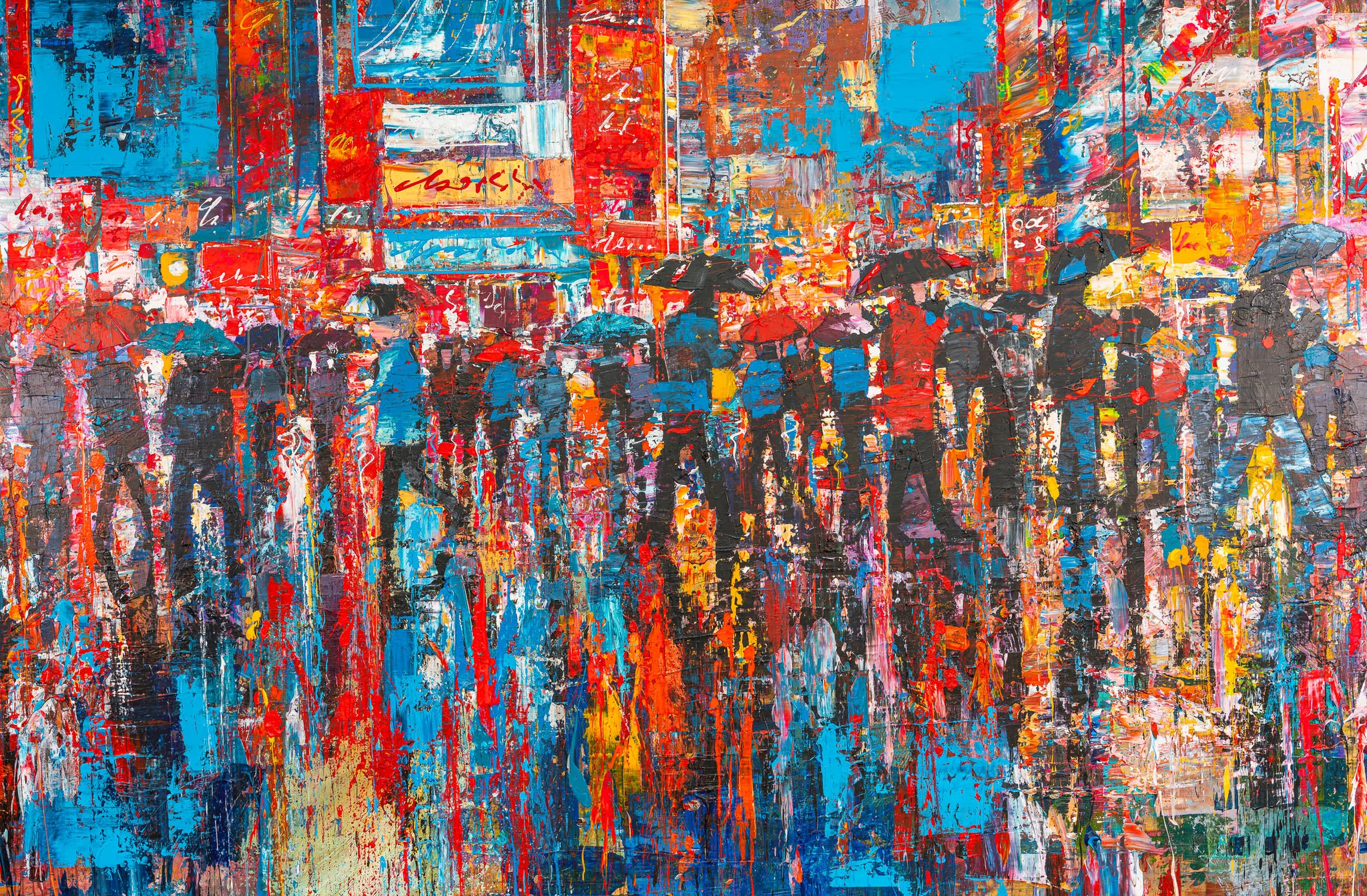 Close-up of Fairytale Of New York, an original painting by Paul Kenton: a crowd of umbrella-carrying figures in thick, dripping strokes of red, blue and orange beneath glowing city signs.