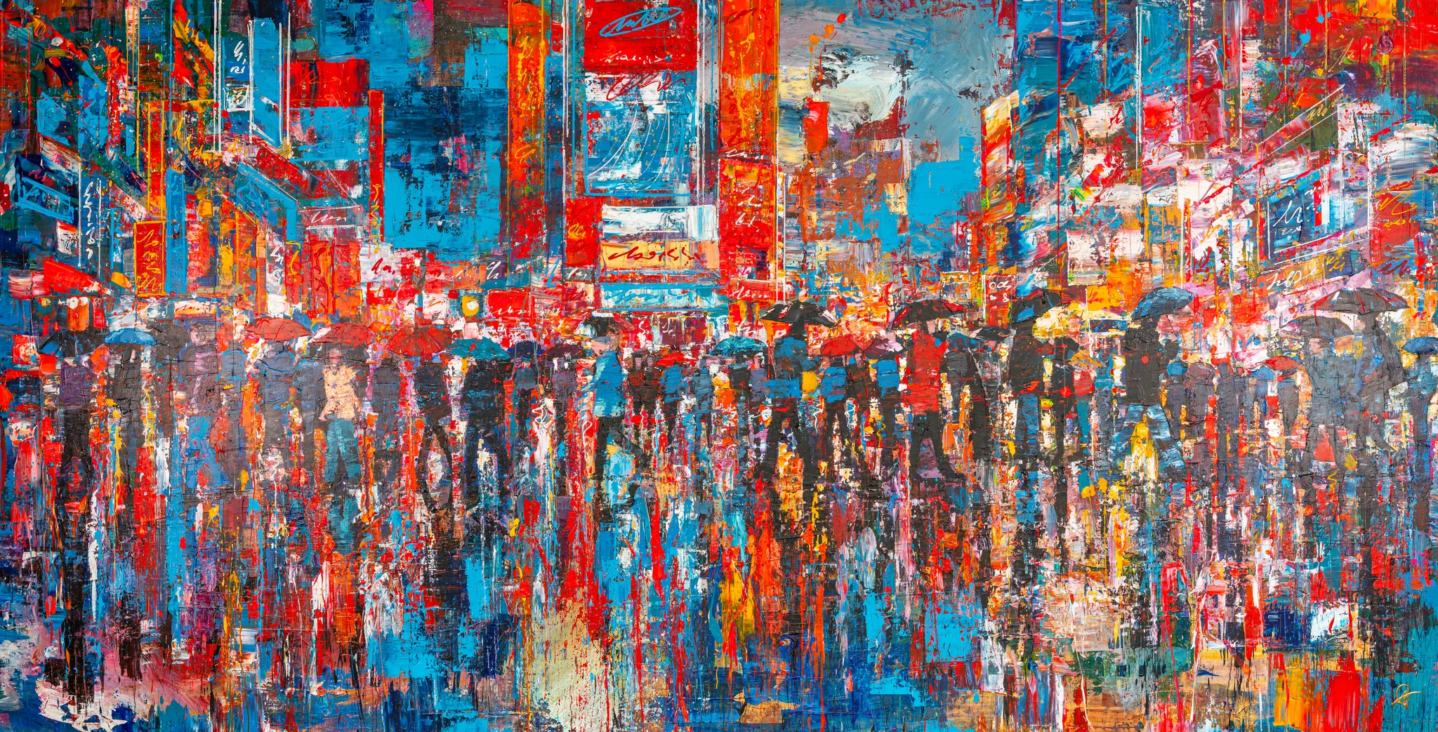 Fairytale Of New York, an original painting by Paul Kenton: a crowded city street under bright umbrellas, with red and blue illuminated billboards above and thick, textured brushstrokes.