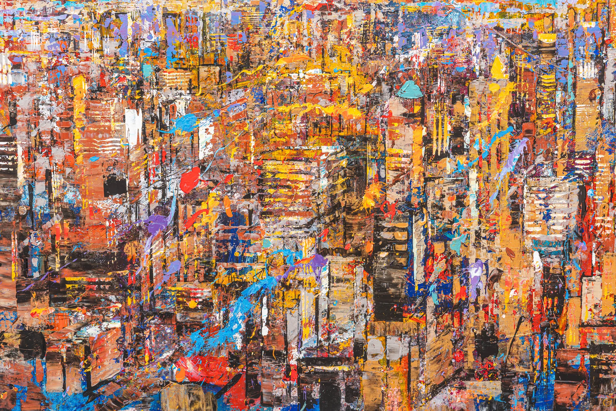 Close-up detail of Footnotes Of The Big Apple, an original painting by Paul Kenton, showing dense, textured skyscrapers in ochre, orange and brown, with flecks of bright blue, red and violet paint.