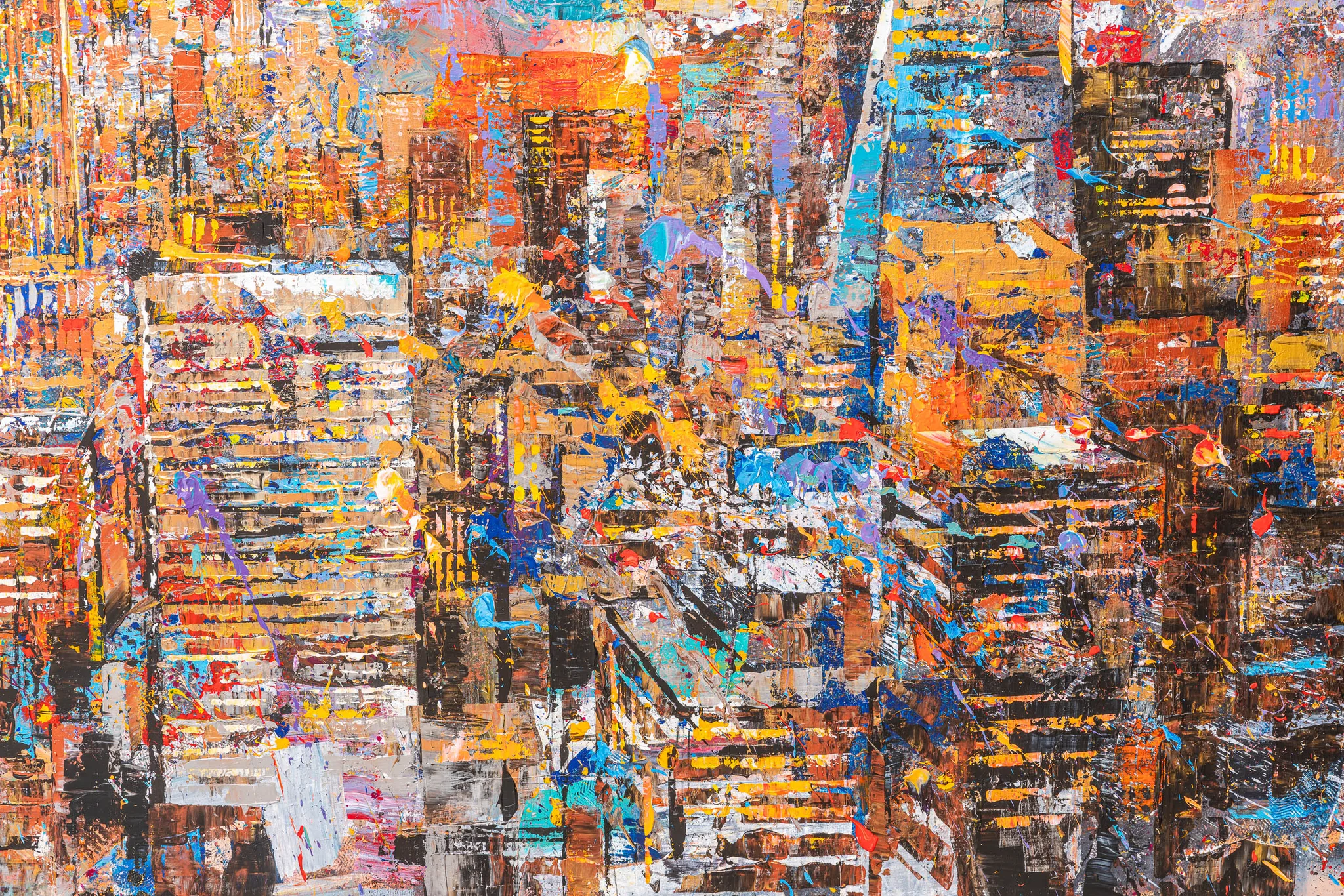 Close-up of Footnotes Of The Big Apple, an original painting by Paul Kenton: thick, textured layers of orange, gold, blue and white paint form dense New York skyscrapers, with glinting metallic flecks.