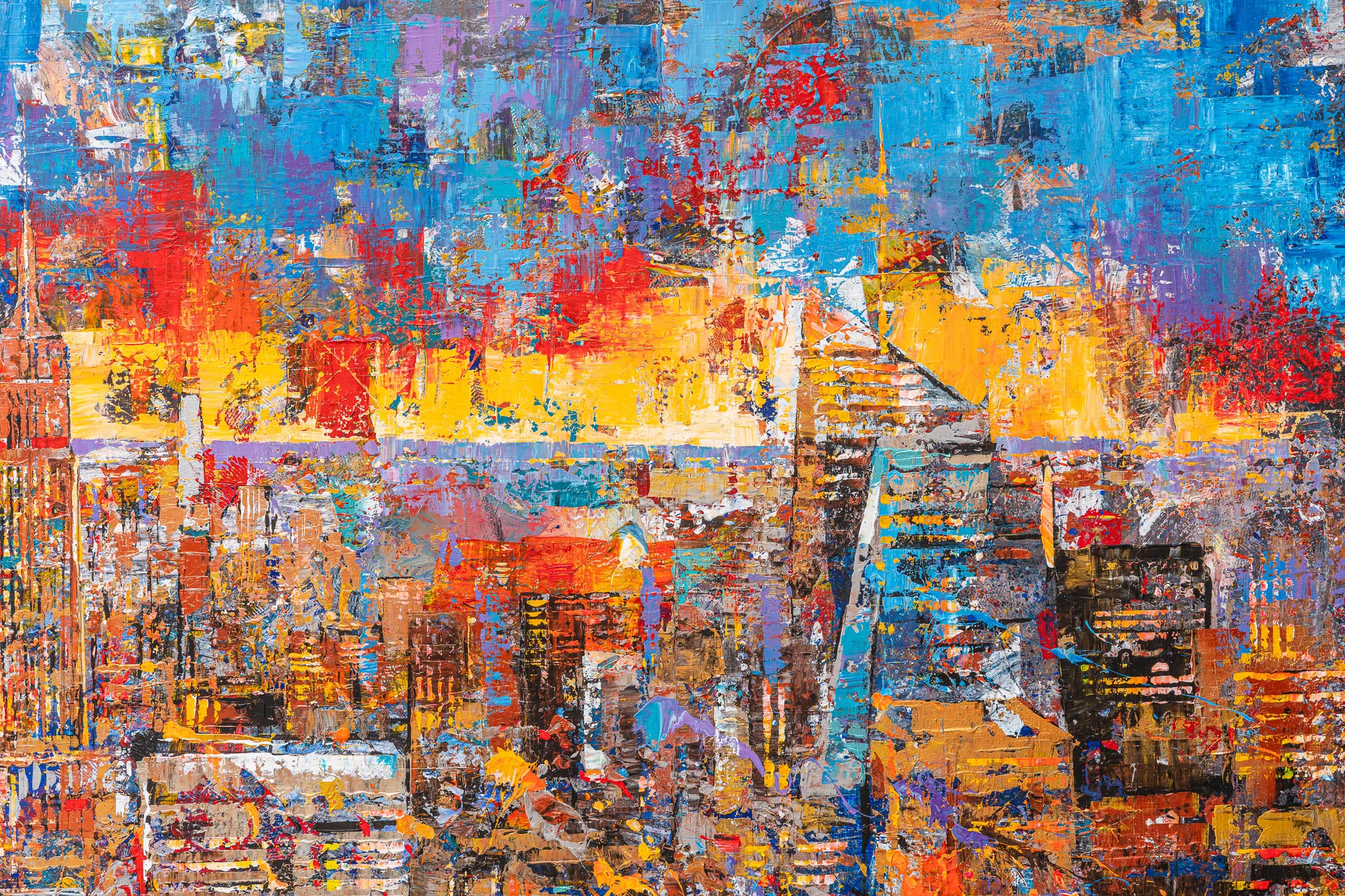 Close-up of Footnotes Of The Big Apple, an original painting by Paul Kenton: thick, textured strokes of blue, red, orange and gold form a New York skyline at dusk.