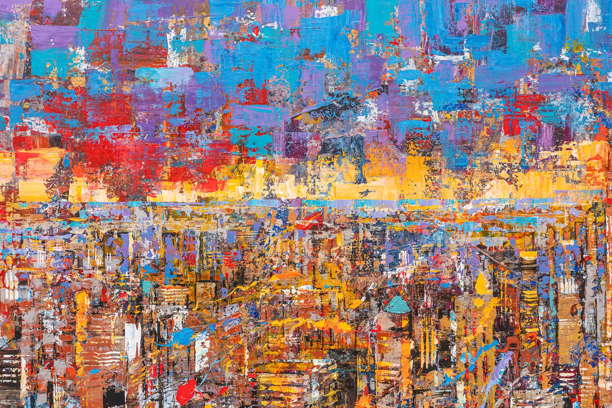 Close-up detail of Footnotes Of The Big Apple, an original mixed media painting by Paul Kenton, showing thick textured blocks of blue, purple and red above dense, glittering gold and brown city buildings.