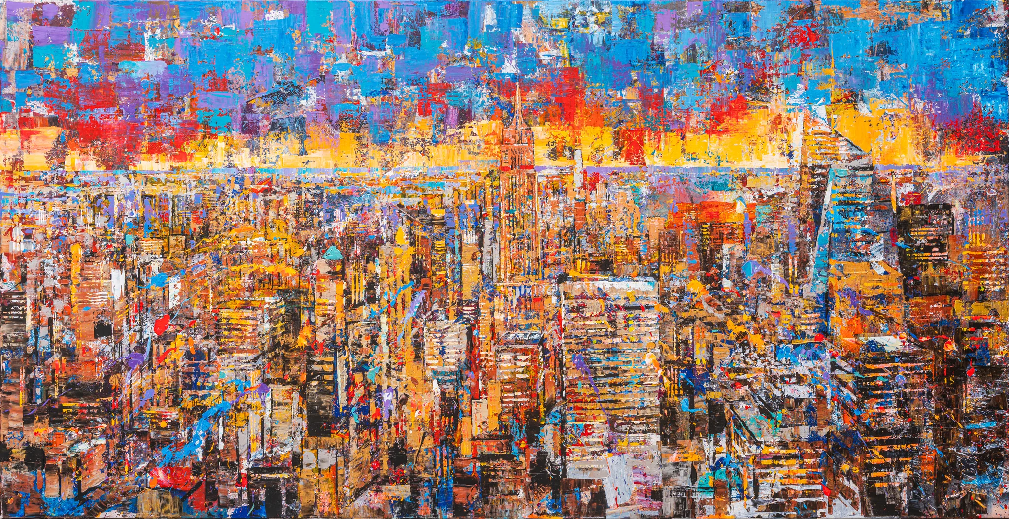 Footnotes Of The Big Apple, an original painting by Paul Kenton: a dense, textured skyline of New York towers under a sunset sky of blue, violet, red and gold, in warm oranges and browns.
