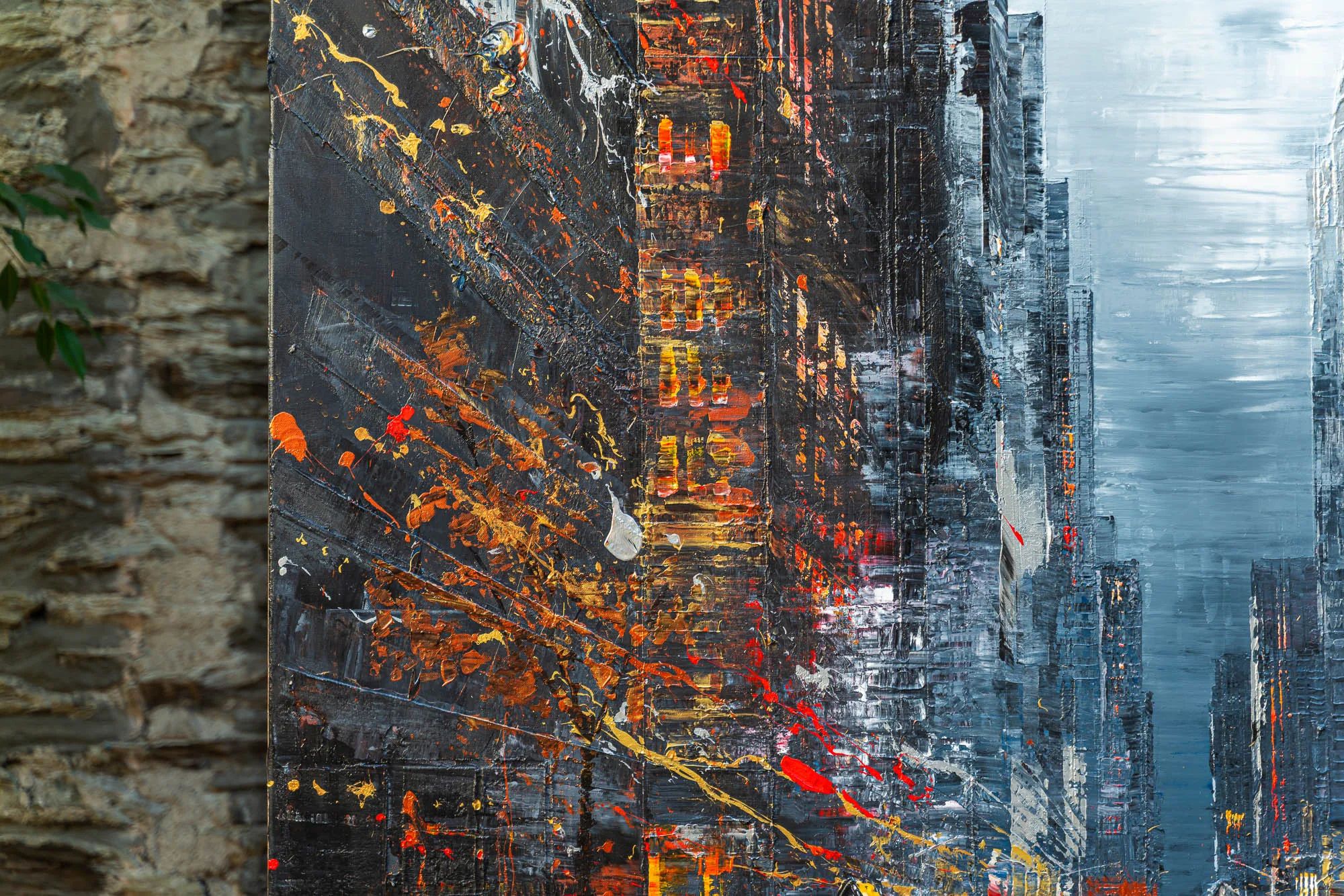 Close-up of Flight Of The Taxis, an original painting by Paul Kenton: thick textured paint with orange and yellow splashes over dark city towers, fading to cool grey-blue at the right.