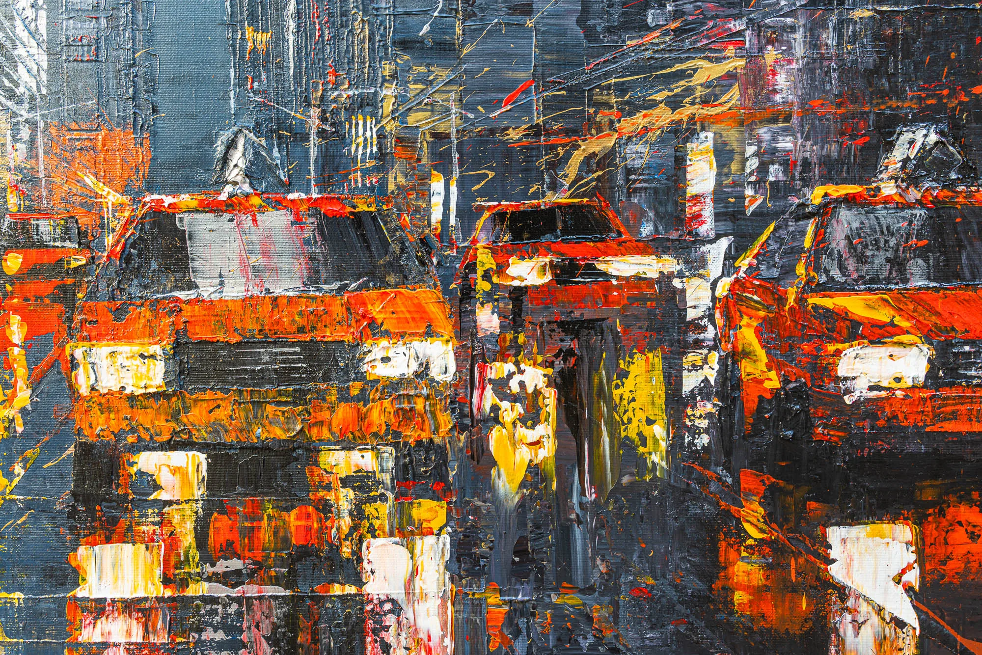 Close-up detail of Flight Of The Taxis, an original painting by Paul Kenton, showing thick orange, yellow and white impasto strokes forming blurred yellow taxis on a dark New York street at night.