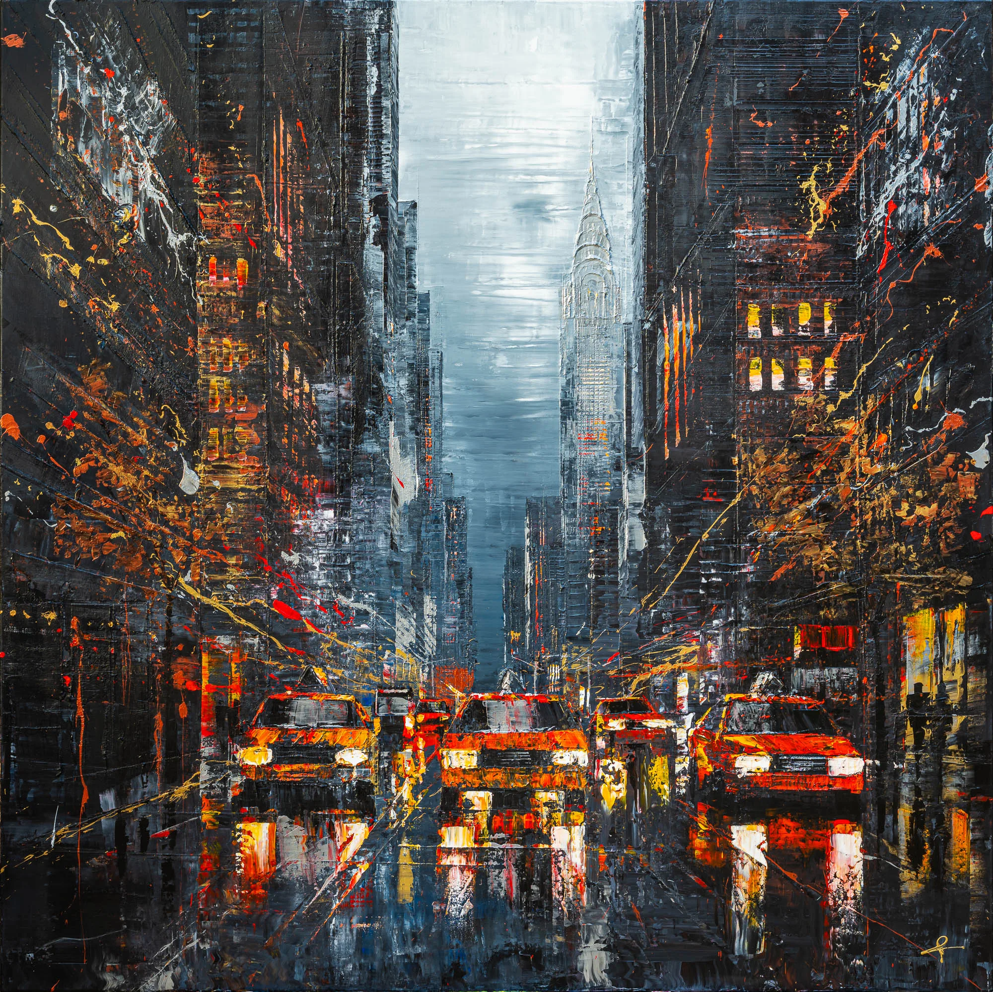Flight of the Taxis, an original painting by Paul Kenton: glowing red taxis speed down a rain-slicked New York avenue at dusk, framed by dark textured towers and the distant Chrysler Building.