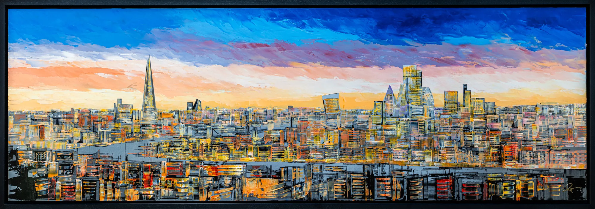 Golden Capital, an original painting by Paul Kenton in a black floating frame: a thick, textured panoramic London skyline at sunset, with the Shard rising at left under a blue and orange sky.