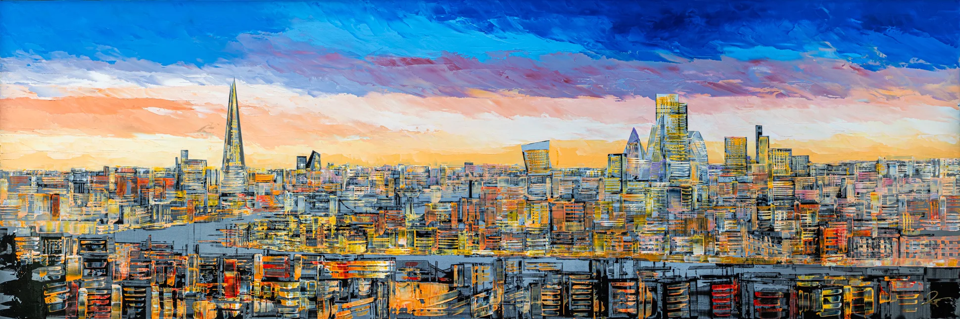 Golden Capital, an original painting by Paul Kenton: a textured panoramic London skyline at sunset, with the Shard rising on the left under a blue and peach sky, and dense, glowing city blocks in gold, orange and grey below.