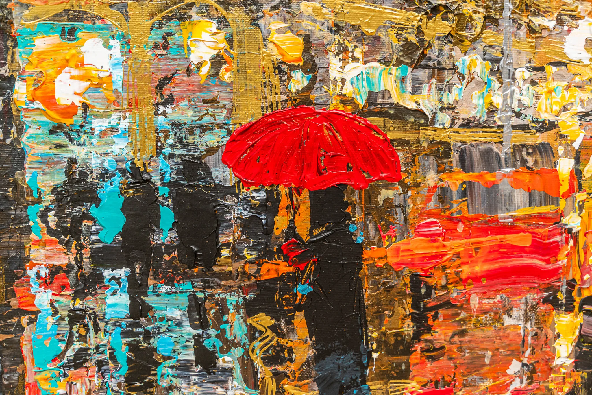 Close-up of Golden Metropolis, an original painting by Paul Kenton: thick textured strokes of gold, orange and turquoise frame a dark silhouetted figure beneath a bright red umbrella on a rainy street.