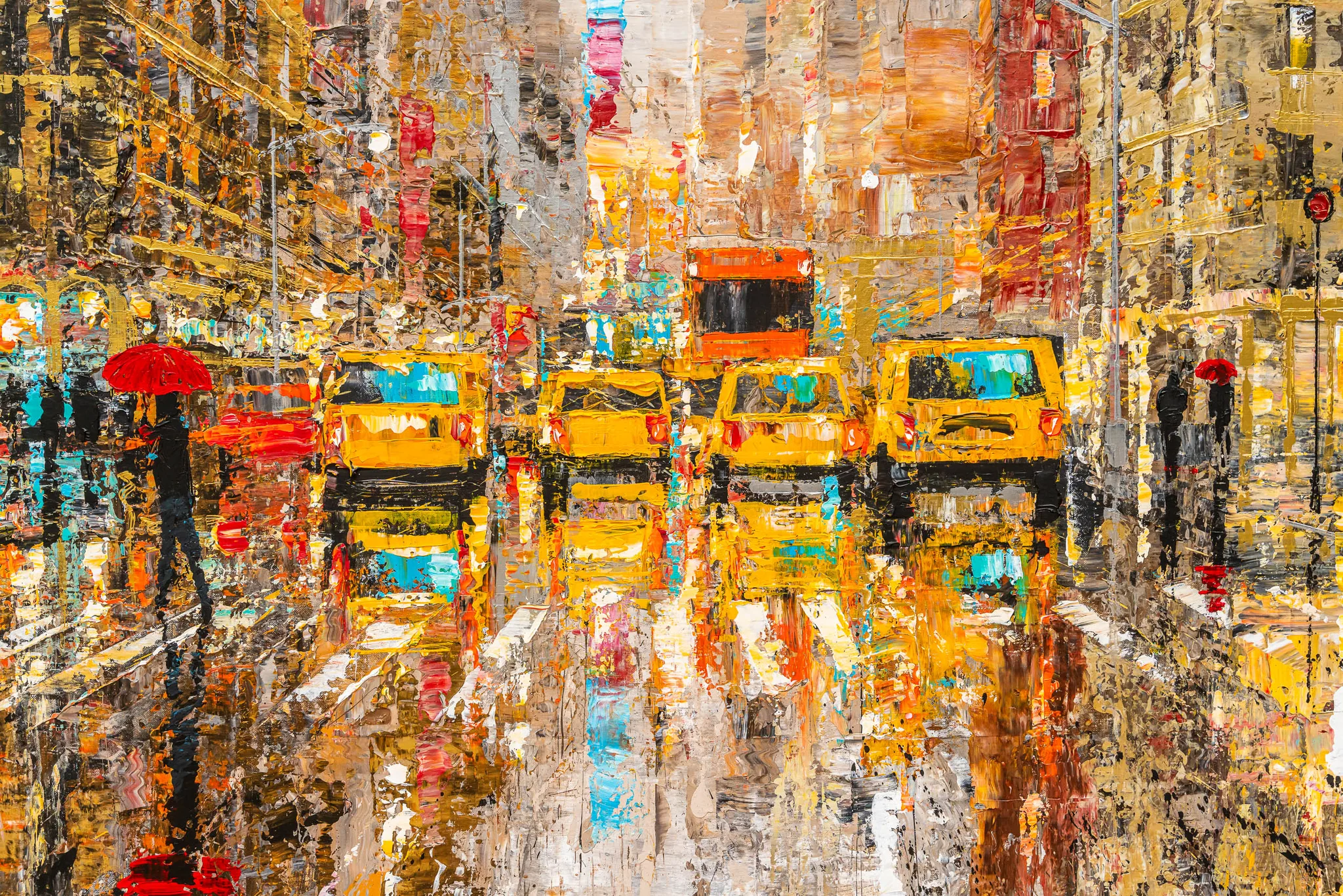 Close-up of Golden Metropolis, an original painting by Paul Kenton: thick textured brushstrokes show yellow taxis, red umbrellas and rain-streaked street reflections in gold and amber.