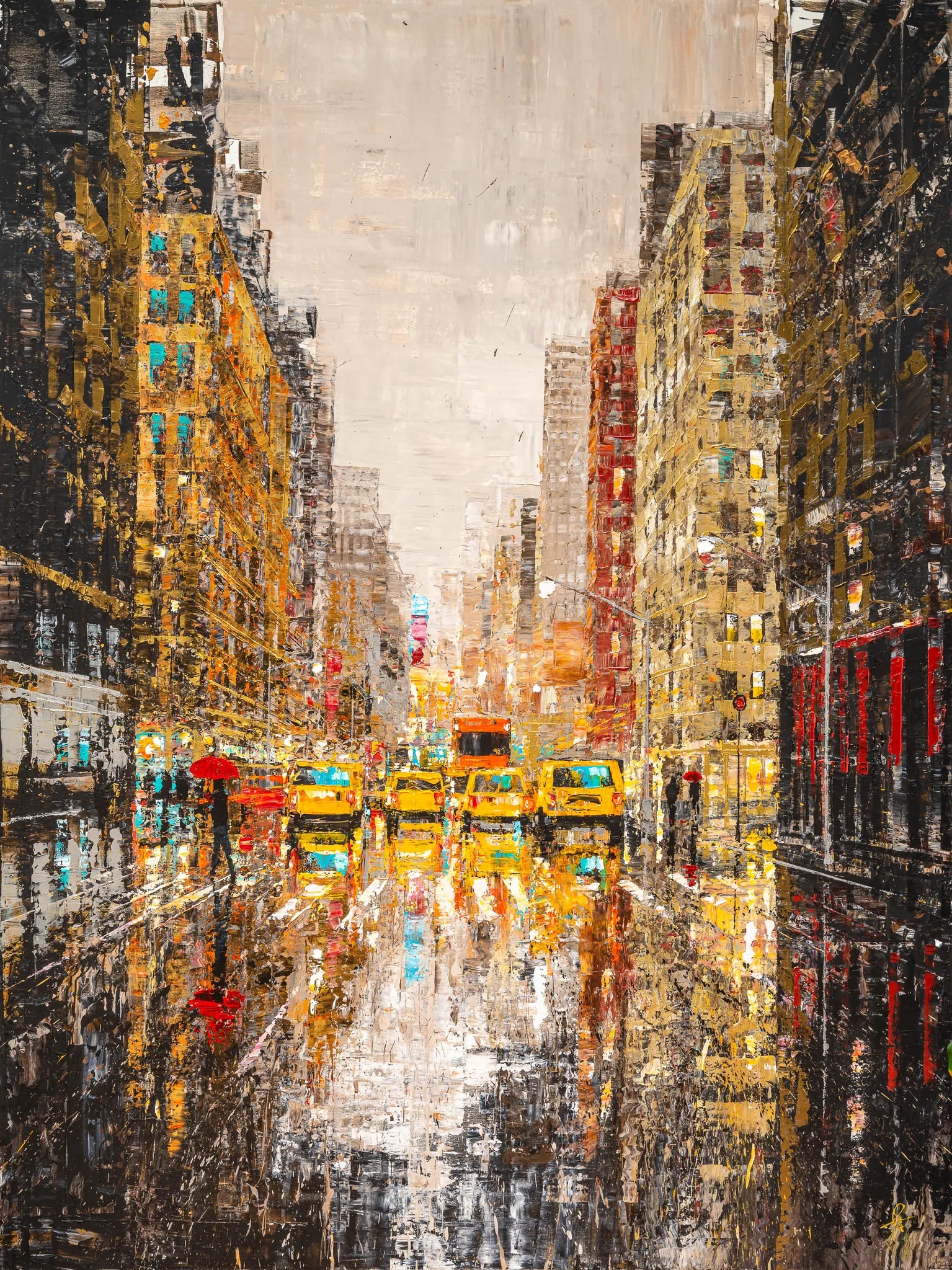 Golden Metropolis, an original painting by Paul Kenton: a rain-soaked New York street of gold and black towers, with yellow taxis and a red umbrella reflected in wet asphalt under a pale sky.