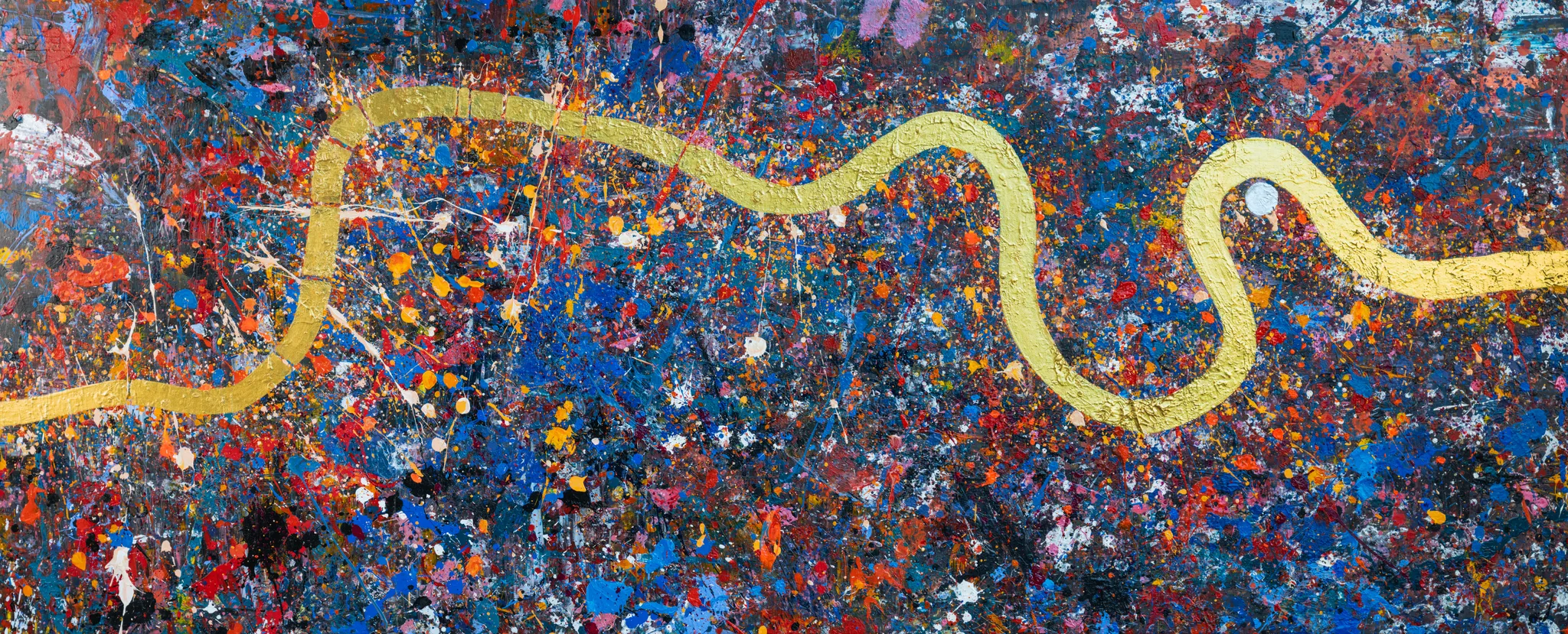 Golden Flowing Thames, an original painting by Paul Kenton: a thick gold ribbon of metallic paint winds across a dense field of blue, red, orange and white paint splatters, evoking the River Thames.